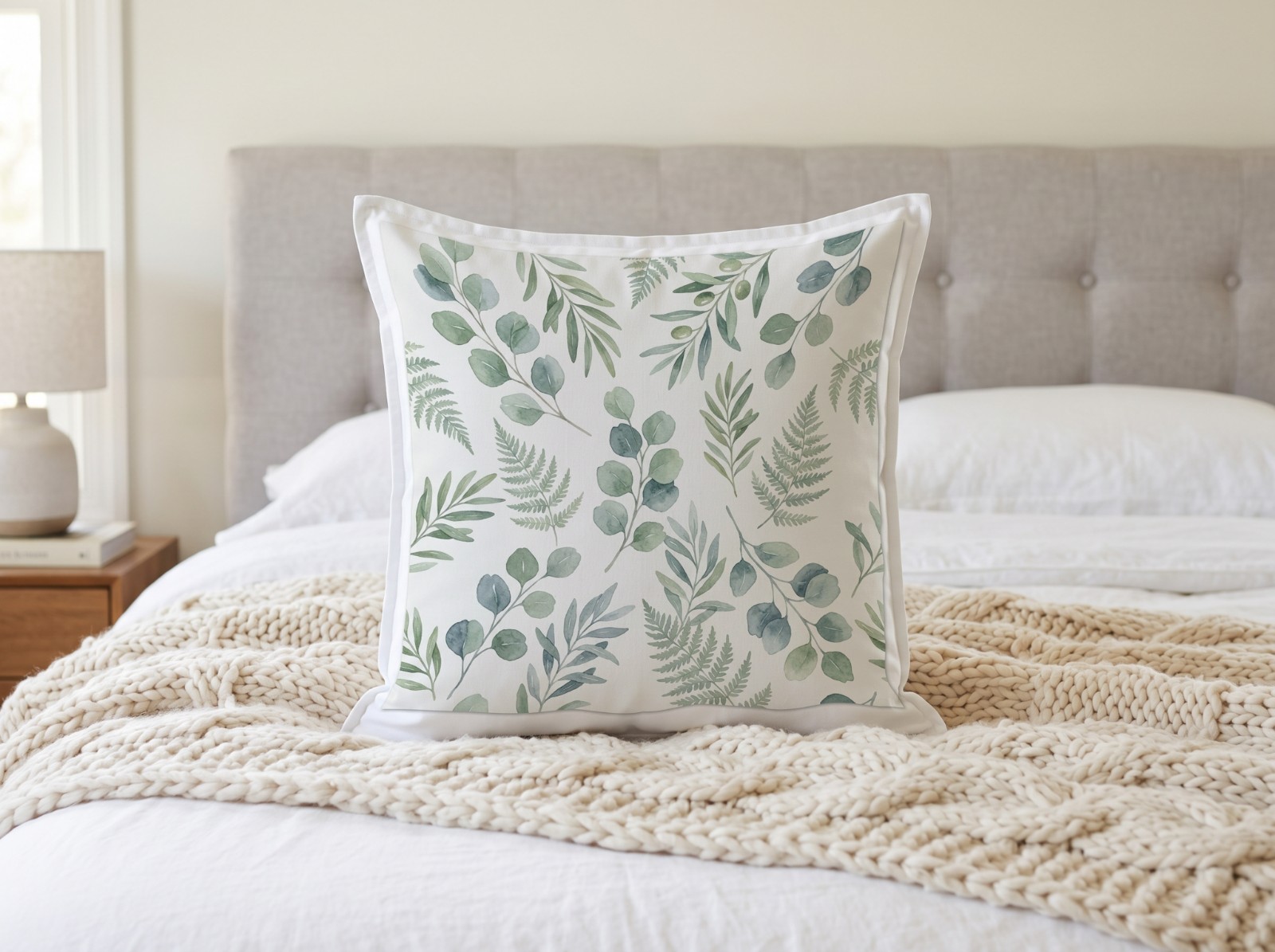 White Pillow Mockup on a Bed with Knit Blanket example