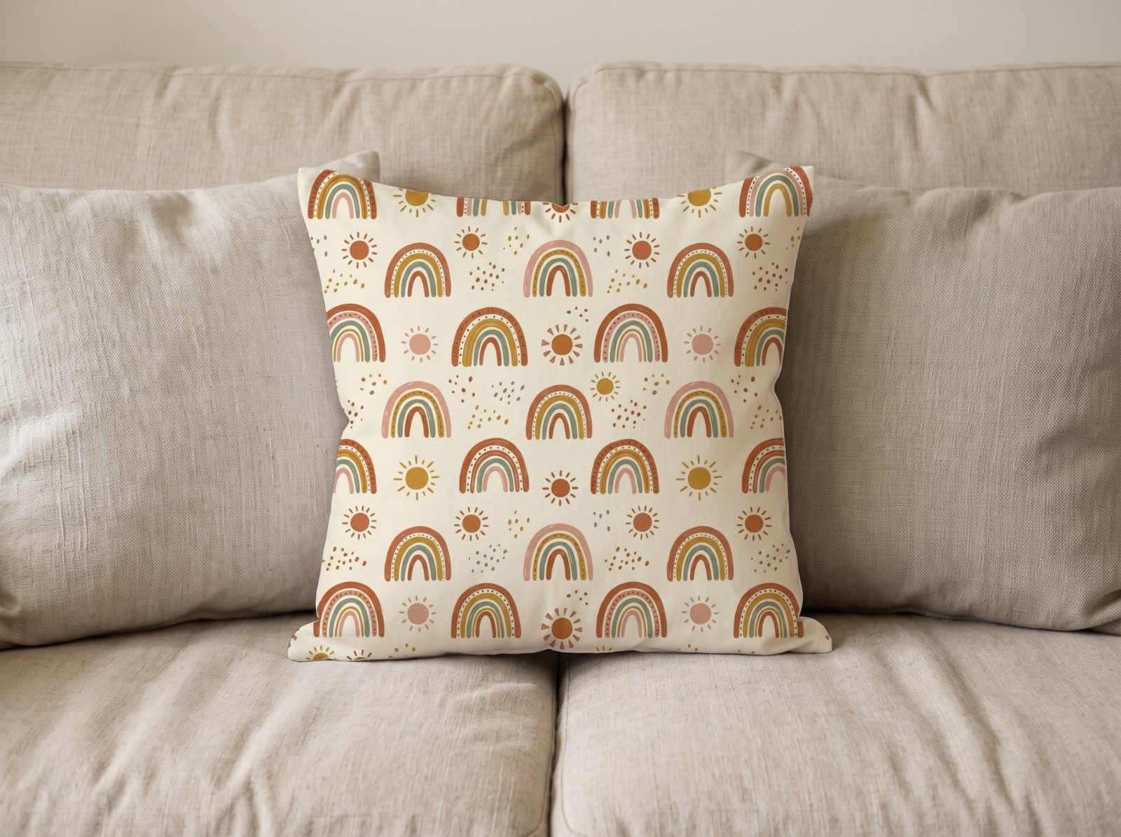 White Throw Pillow on a Beige Linen Sofa showing a boho rainbow pattern