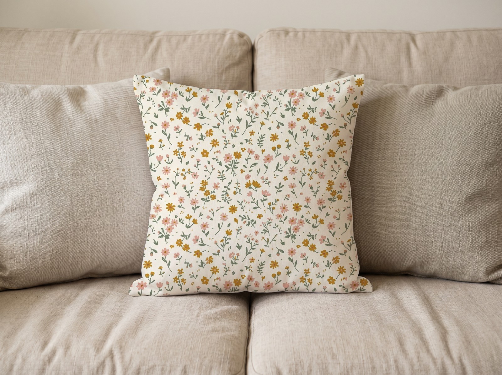 White Throw Pillow on a Beige Linen Sofa showing a ditsy wildflower pattern
