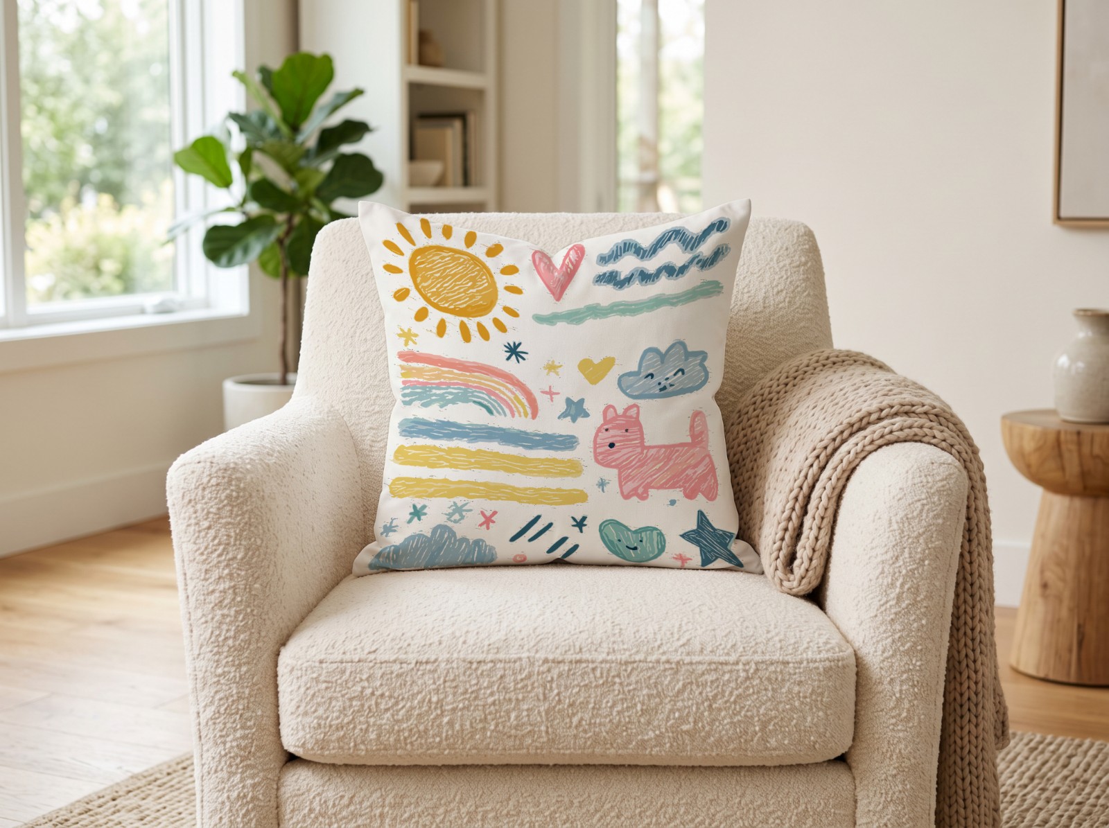 White Throw Pillow Mockup on a Boucle Armchair example