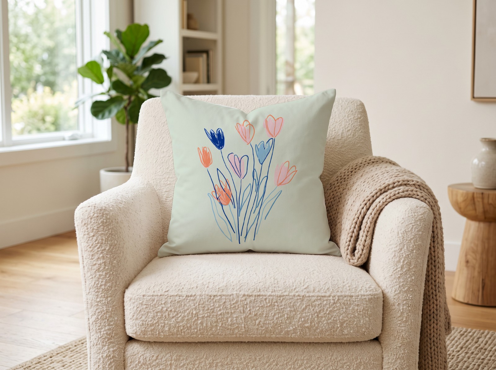 White Throw Pillow on a Boucle Armchair showing the hand-drawn Flowers artwork