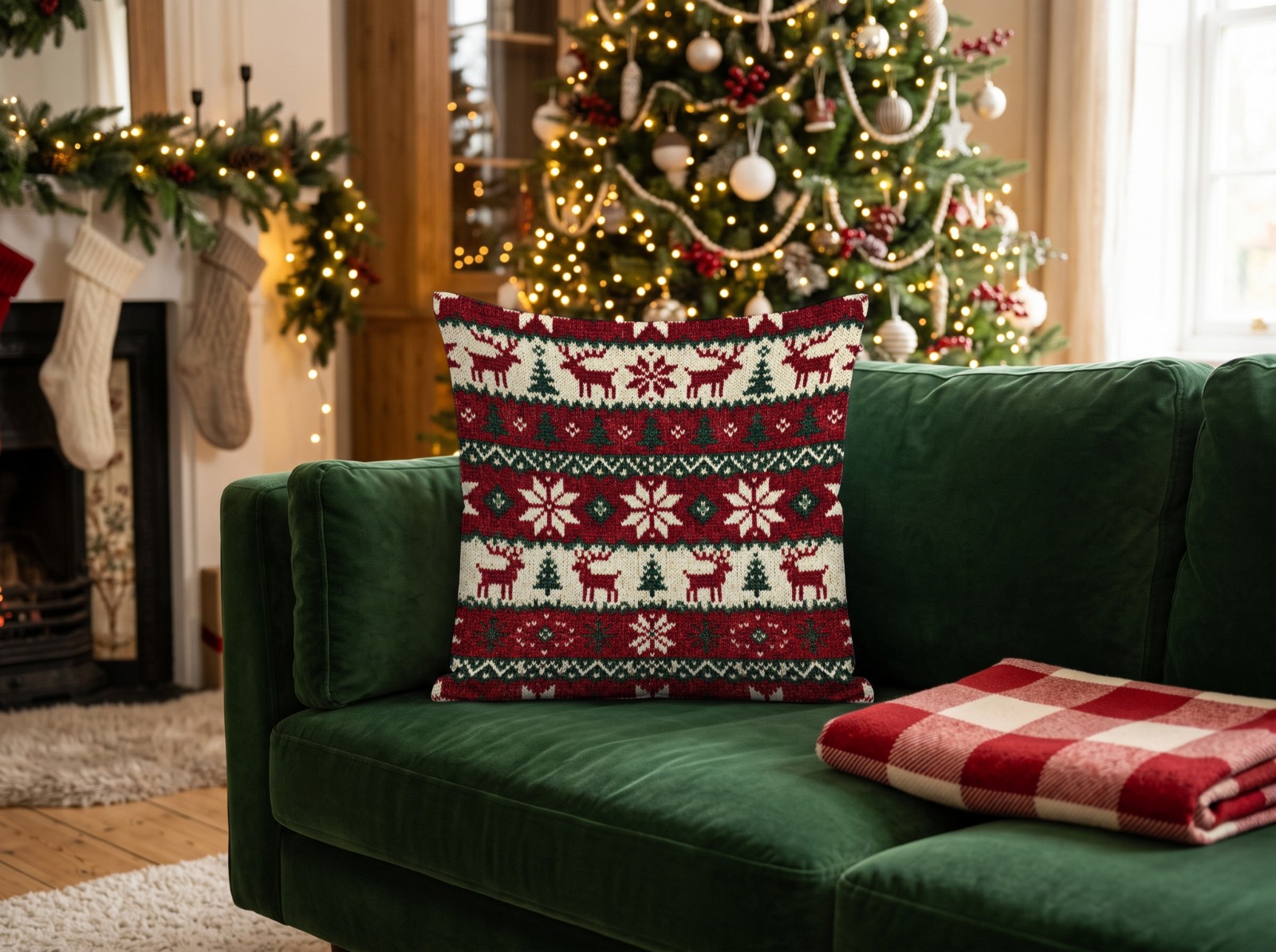 White Throw Pillow Christmas Mockup on a Green Velvet Sofa example