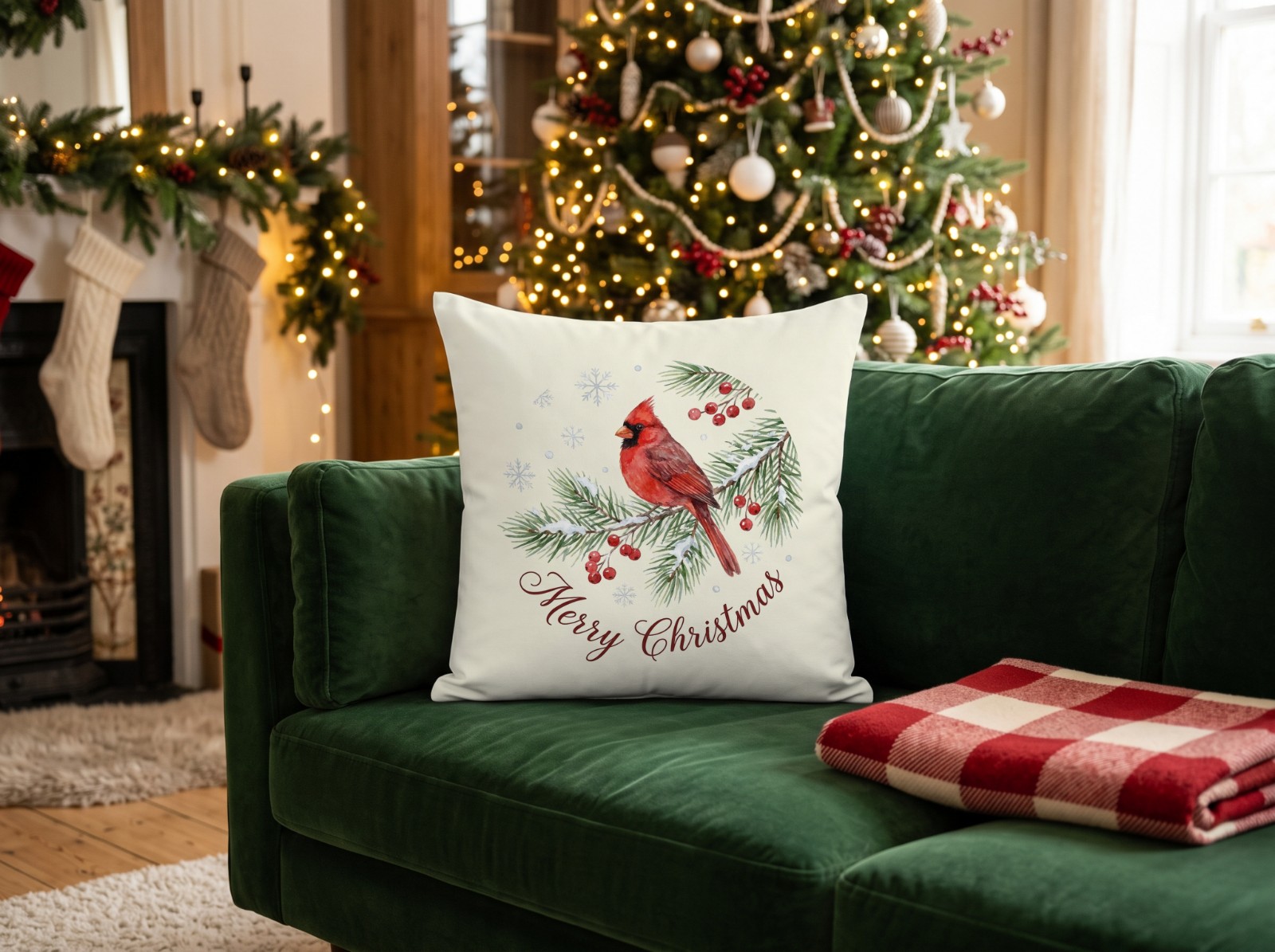 White Throw Pillow Christmas on a Green Velvet Sofa showing a watercolour cardinal Merry Christmas design