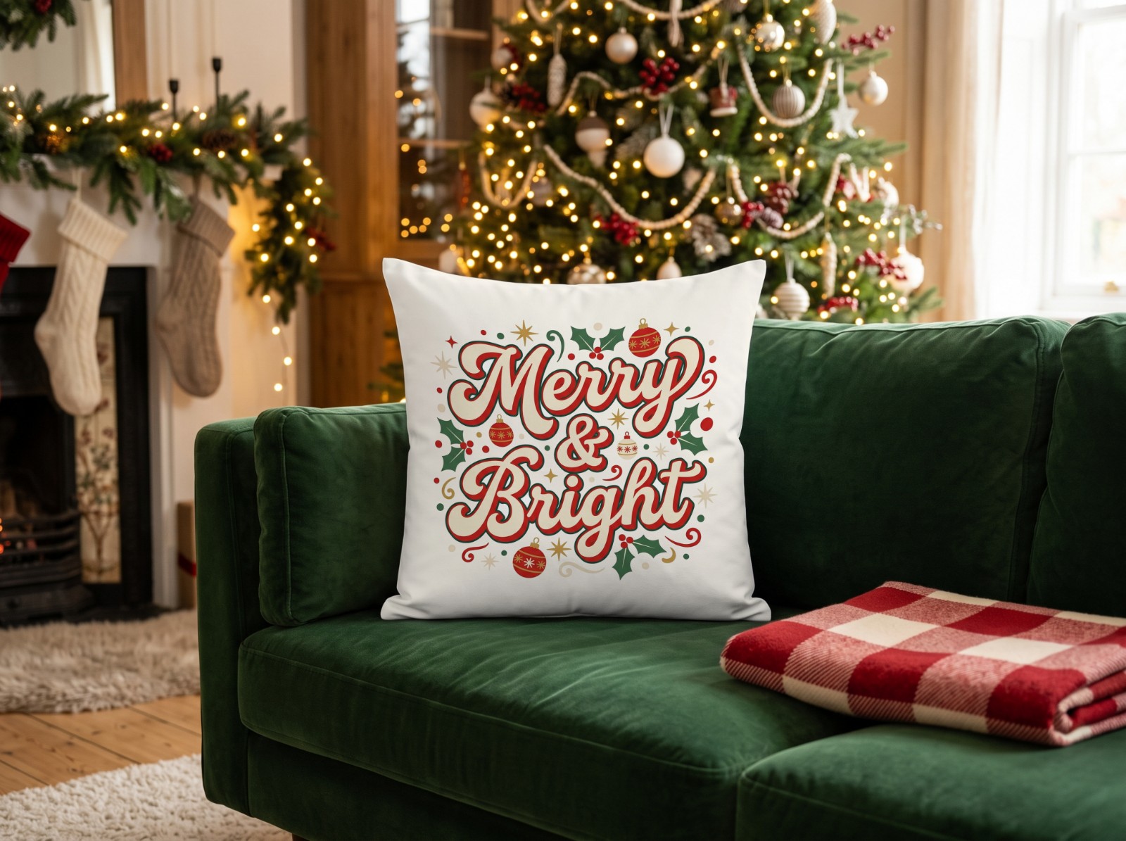 White Throw Pillow Christmas on a Green Velvet Sofa showing a retro Merry & Bright design