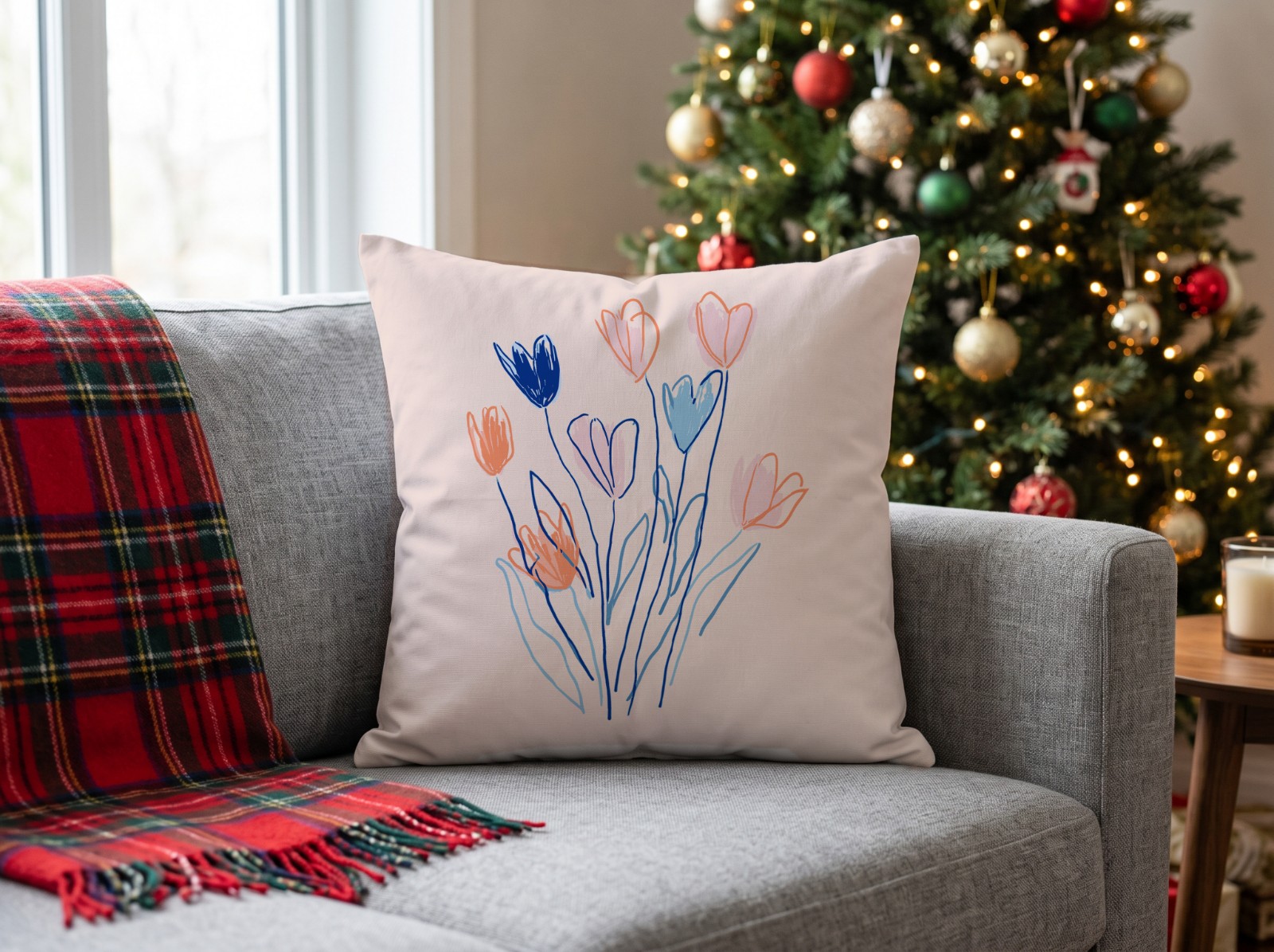 White Throw Pillow Mockup on a Grey Sofa by a Christmas Tree example