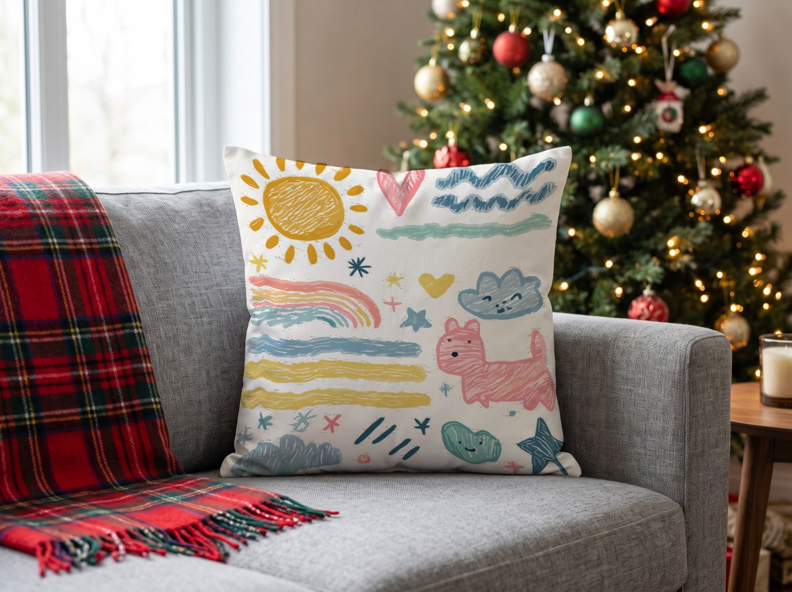 White Throw Pillow on a Grey Sofa by a Christmas Tree showing the crayon doodles artwork