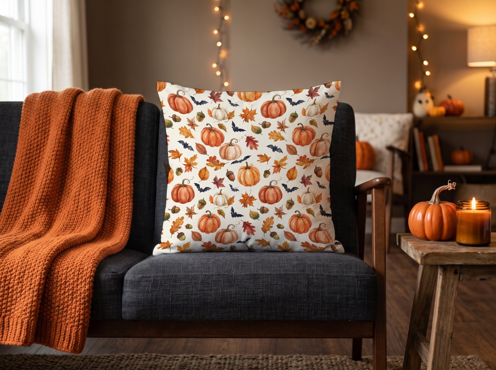 White Throw Pillow Halloween Mockup on a Charcoal Sofa with an Orange Knit Throw example