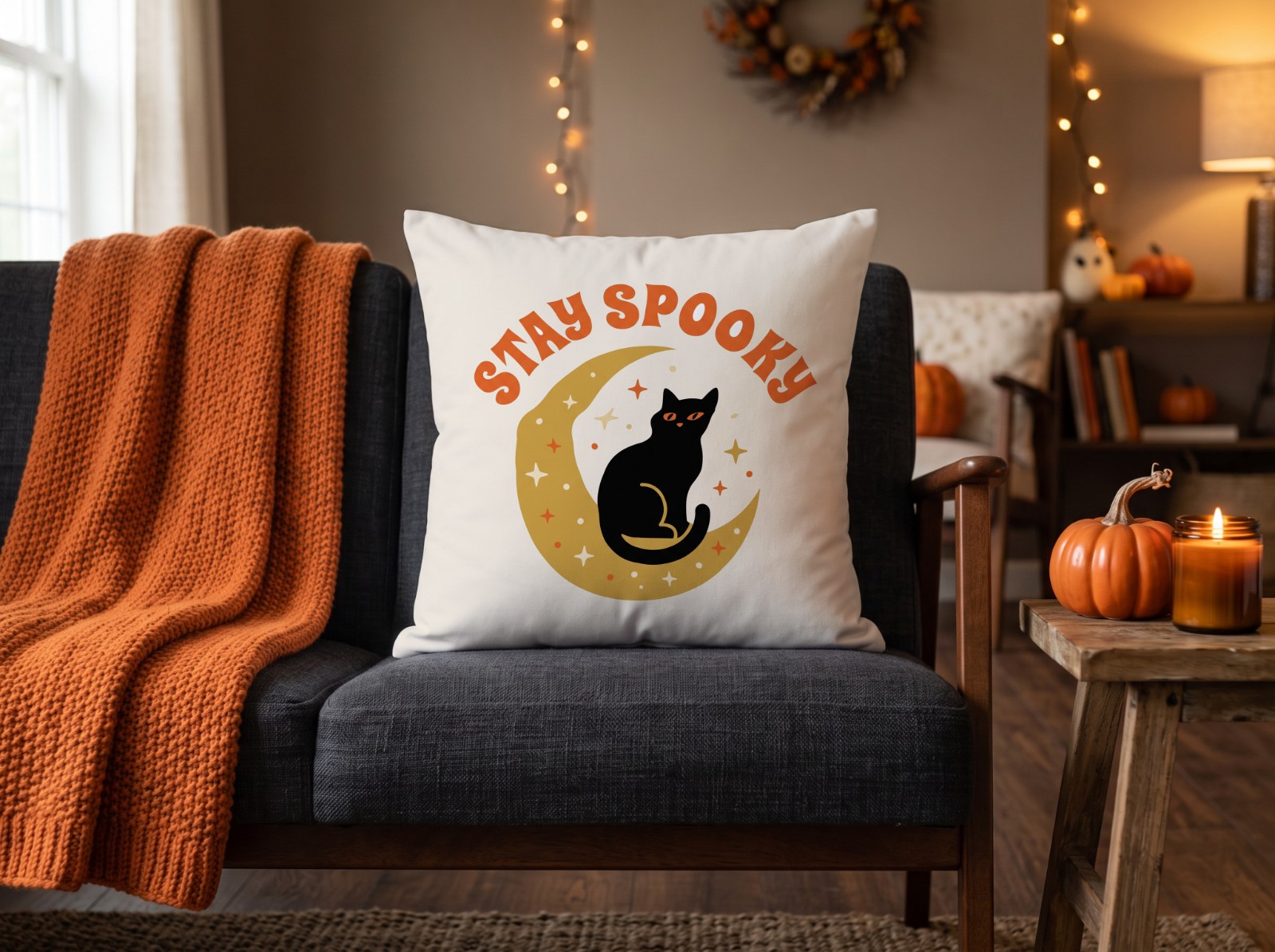 White Throw Pillow Halloween on a Charcoal Sofa with an Orange Knit Throw showing a Stay Spooky black cat and moon design