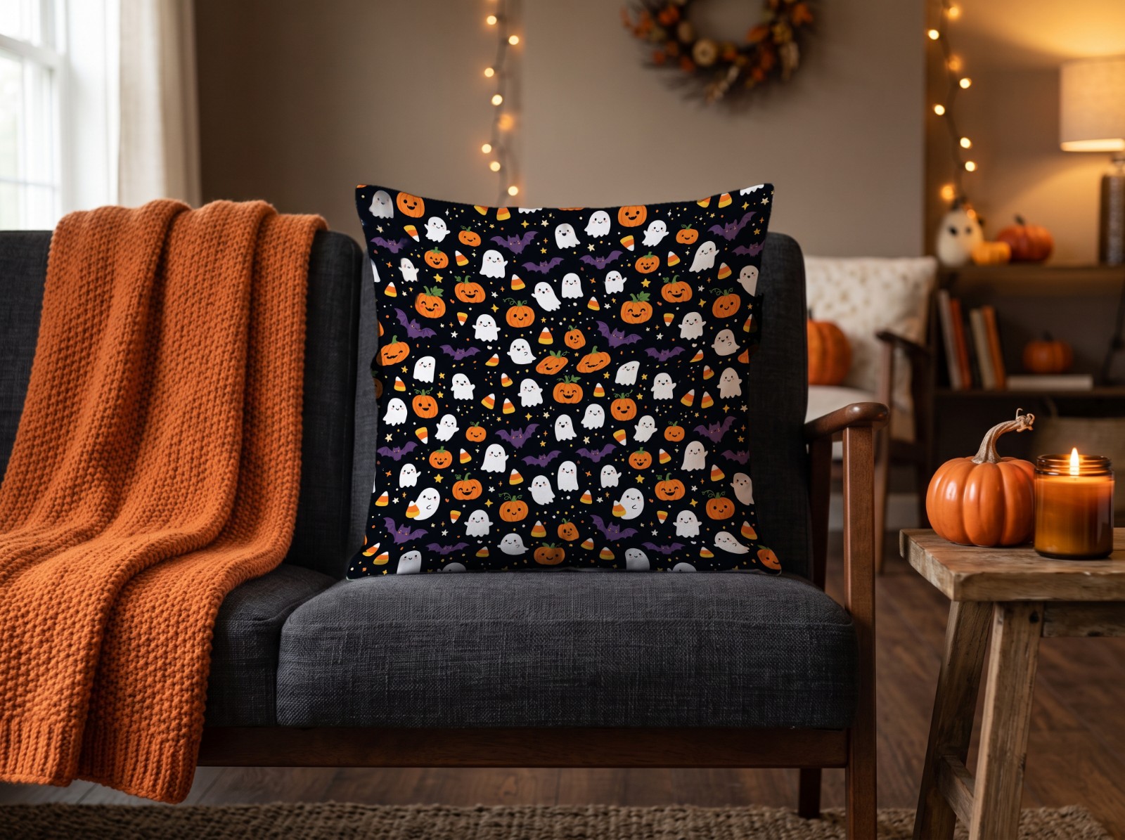 White Throw Pillow Halloween on a Charcoal Sofa with an Orange Knit Throw showing a cute ghost and pumpkin pattern