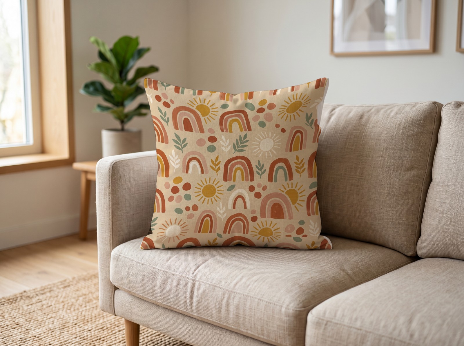 White Throw Pillow Mockup on a Linen Sofa example