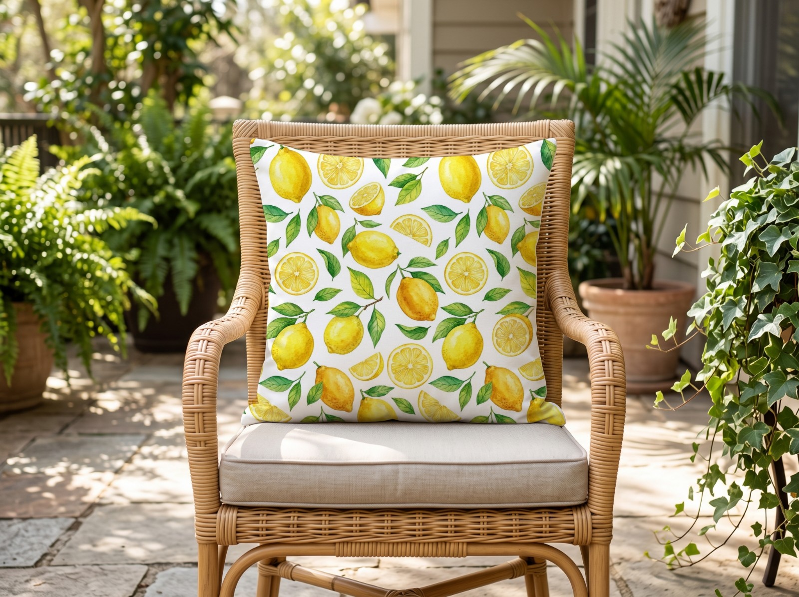 White Throw Pillow Mockup on a Rattan Chair on a Patio example