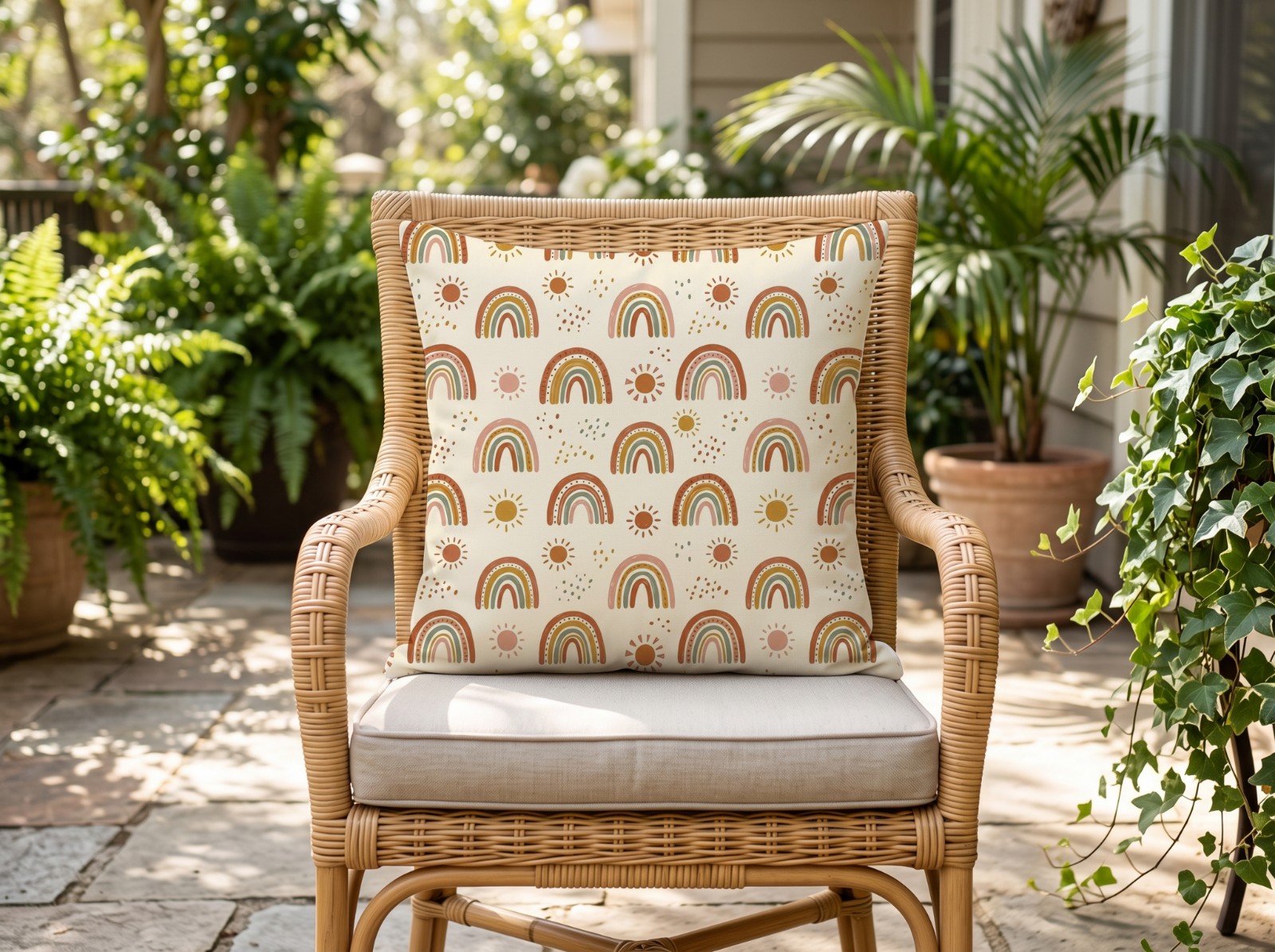 White Throw Pillow on a Rattan Chair on a Patio showing a boho rainbow pattern