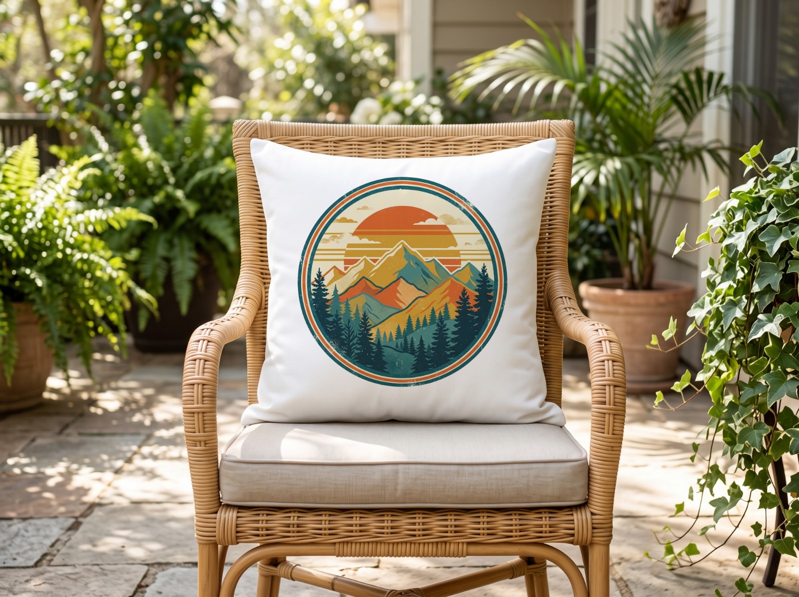 White Throw Pillow on a Rattan Chair on a Patio showing a retro mountain sunset badge