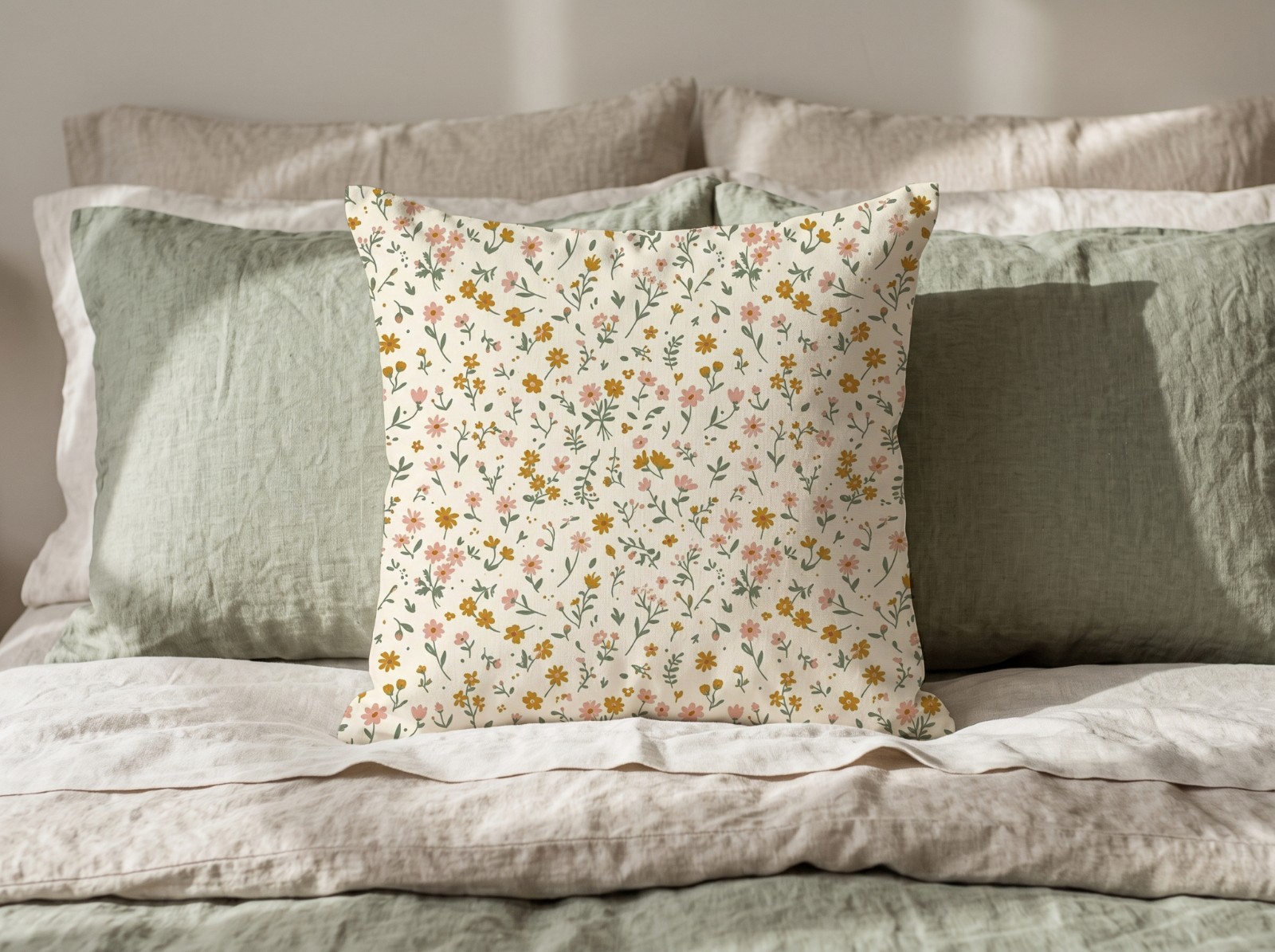White Throw Pillow on a Bed with Sage Linen showing a ditsy wildflower pattern