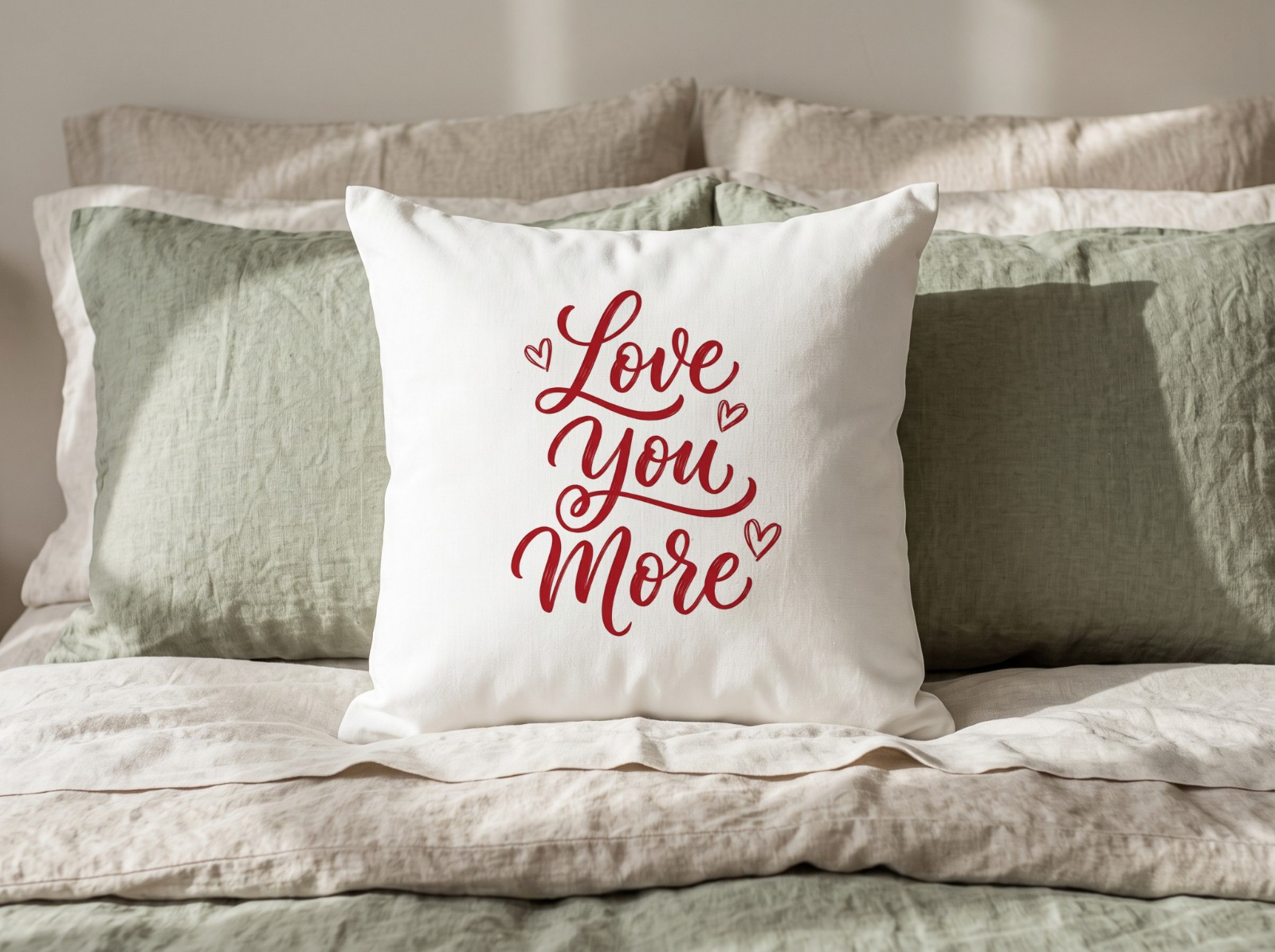 White Throw Pillow on a Bed with Sage Linen showing a Love You More lettering