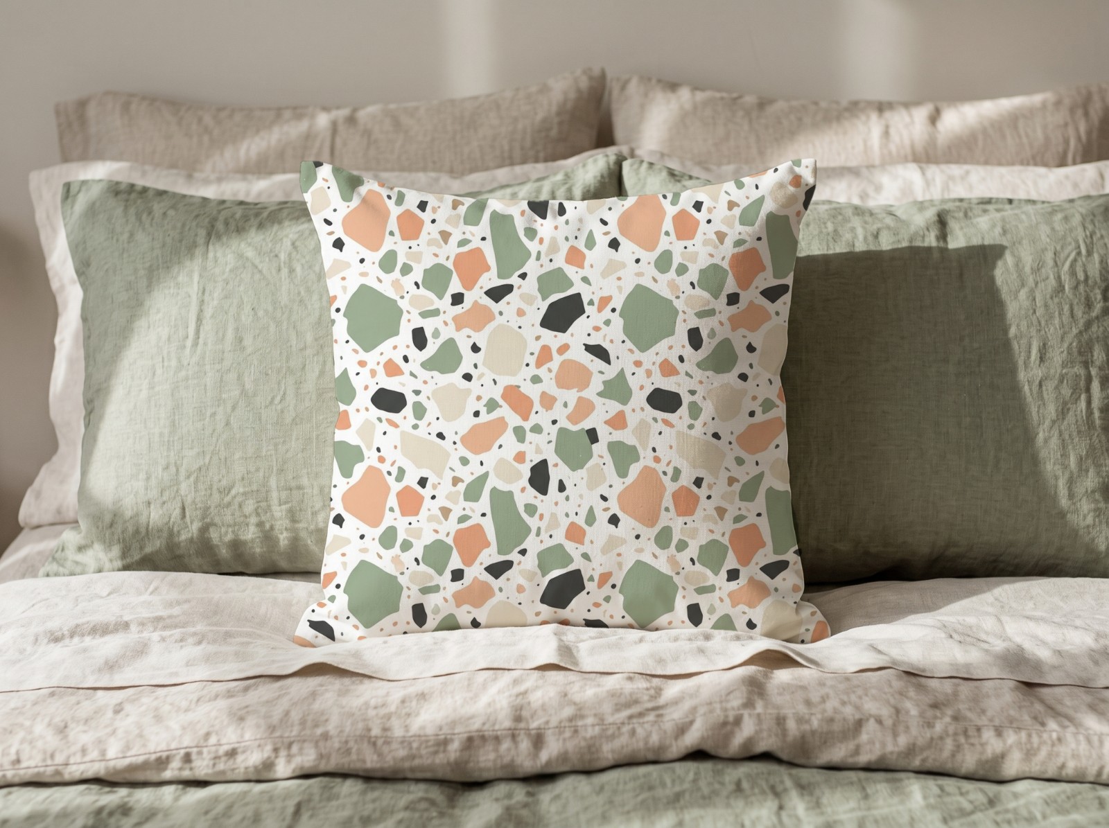 White Throw Pillow on a Bed with Sage Linen showing a pastel terrazzo pattern