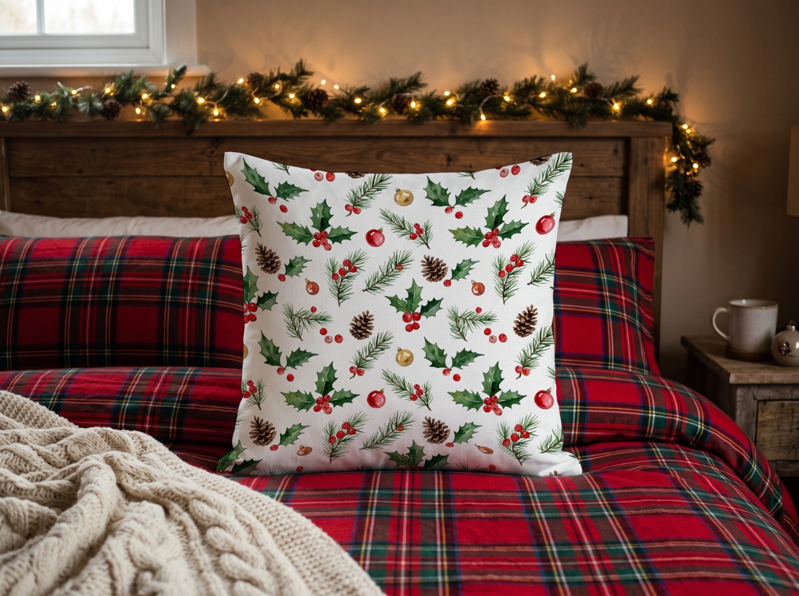 White Throw Pillow Christmas Mockup on a Tartan Bed with a Lit Garland example