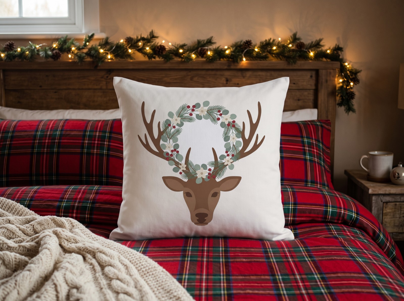 White Throw Pillow Christmas on a Tartan Bed with a Lit Garland showing a watercolour reindeer with a winter wreath
