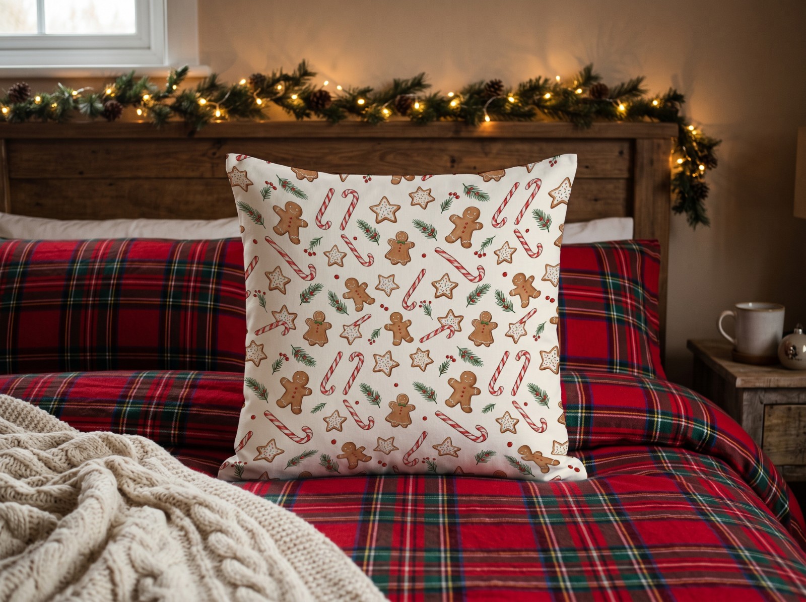 White Throw Pillow Christmas on a Tartan Bed with a Lit Garland showing a gingerbread and candy cane pattern