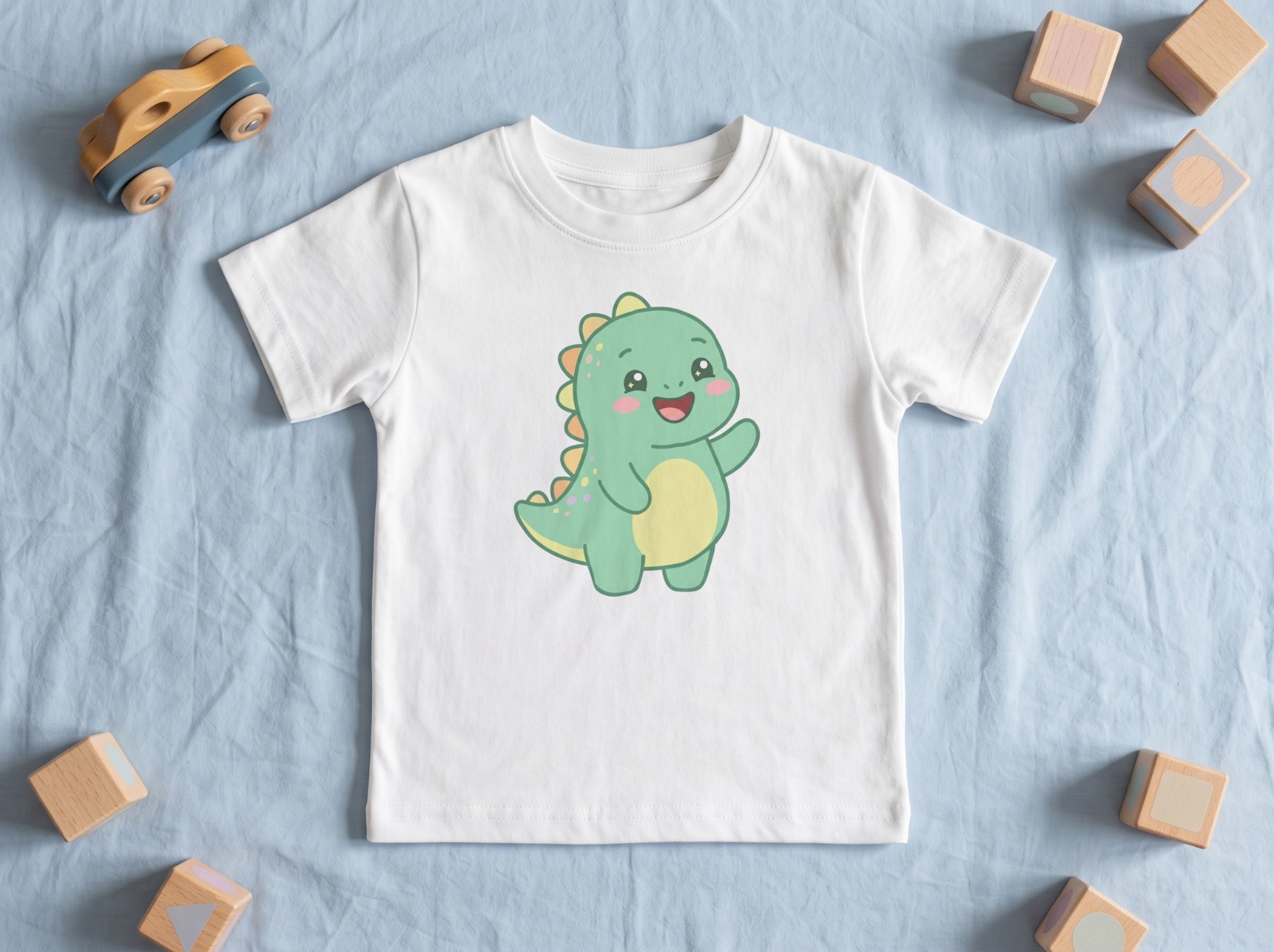 White Toddler T-Shirt Flat Lay with Wooden Toys showing a cute baby dinosaur