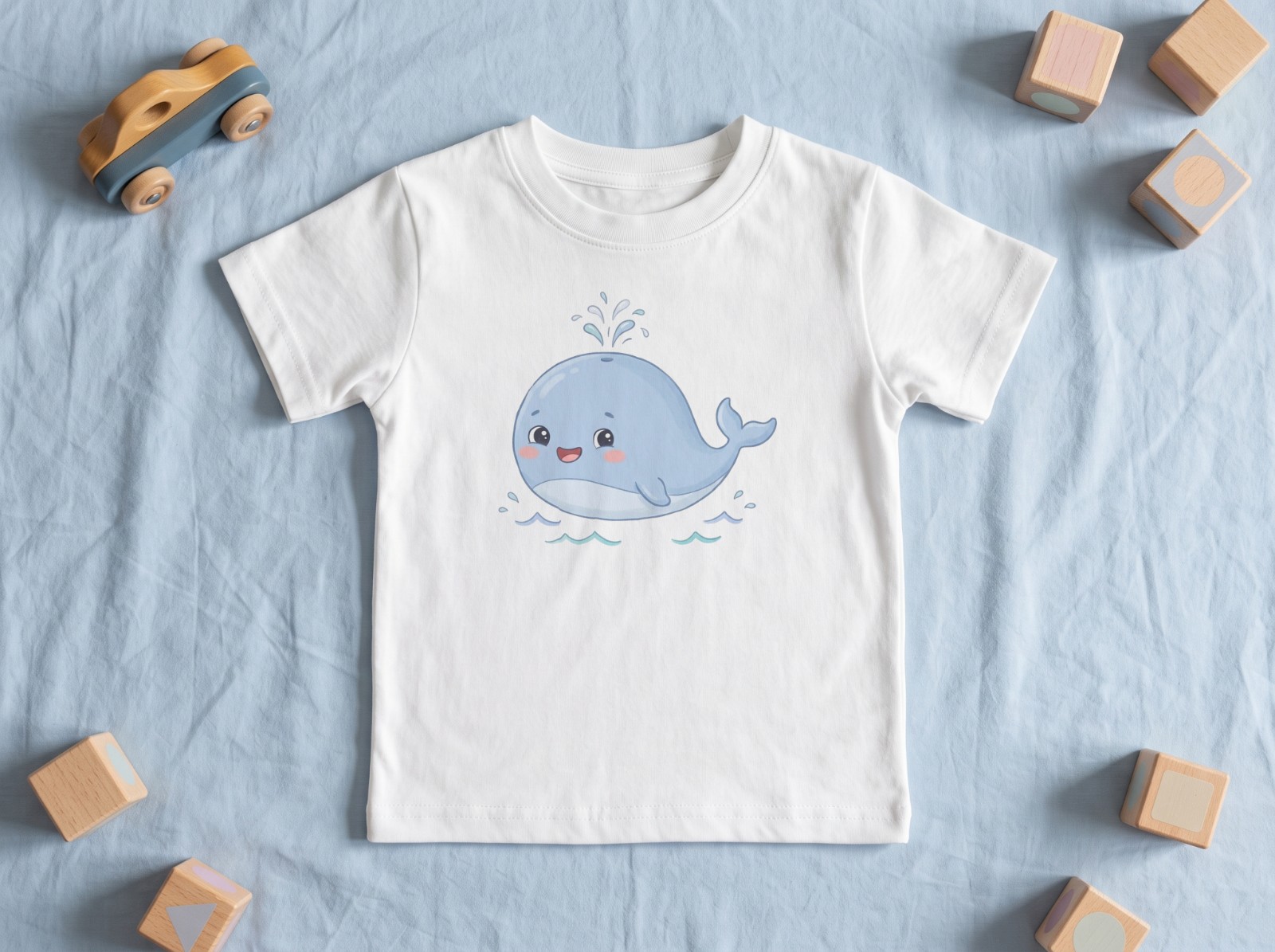 White Toddler T-Shirt Flat Lay with Wooden Toys showing a cute baby whale