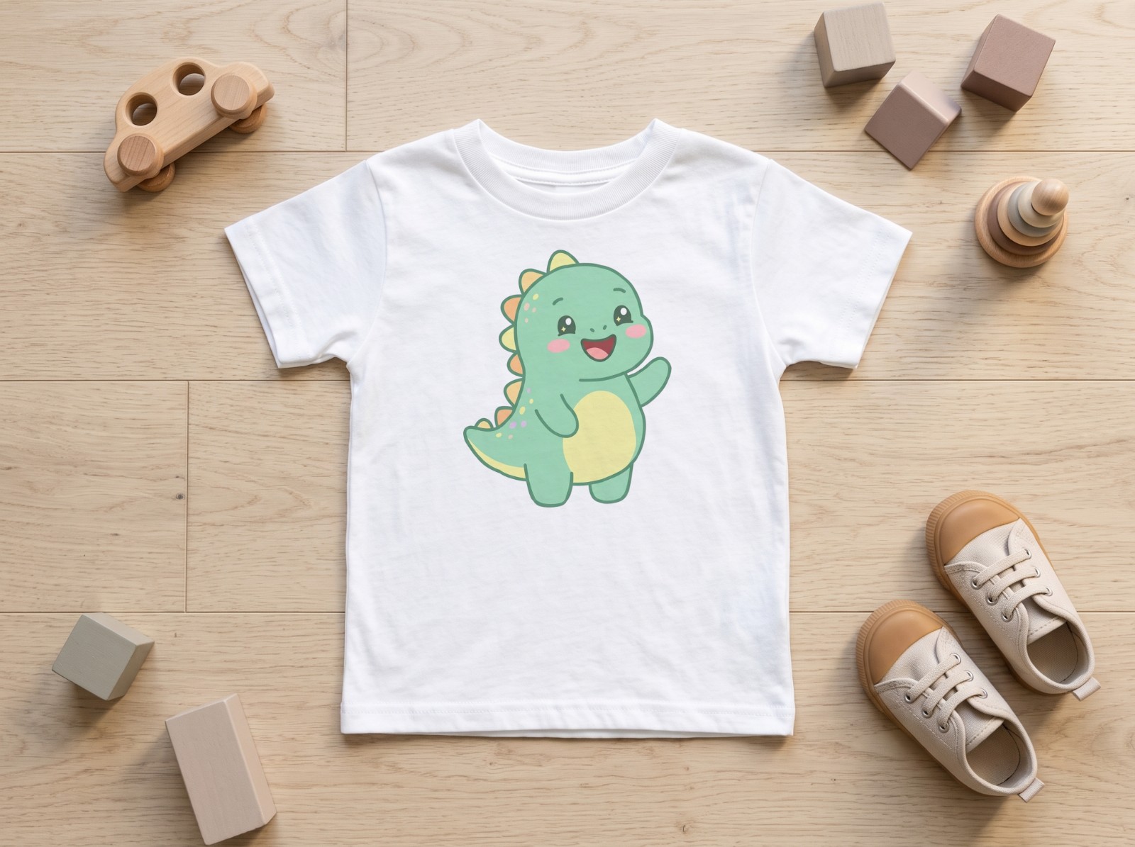White Toddler T-Shirt Mockup Flat Lay with Wooden Toys example