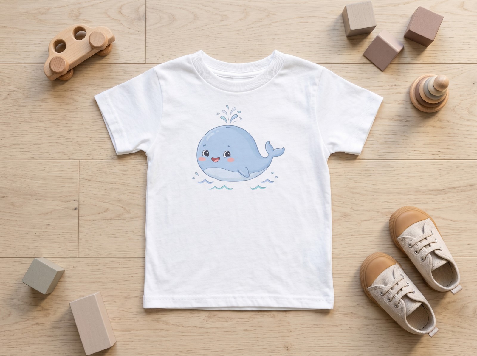 White Toddler T-Shirt Flat Lay with Wooden Toys showing a cute baby whale