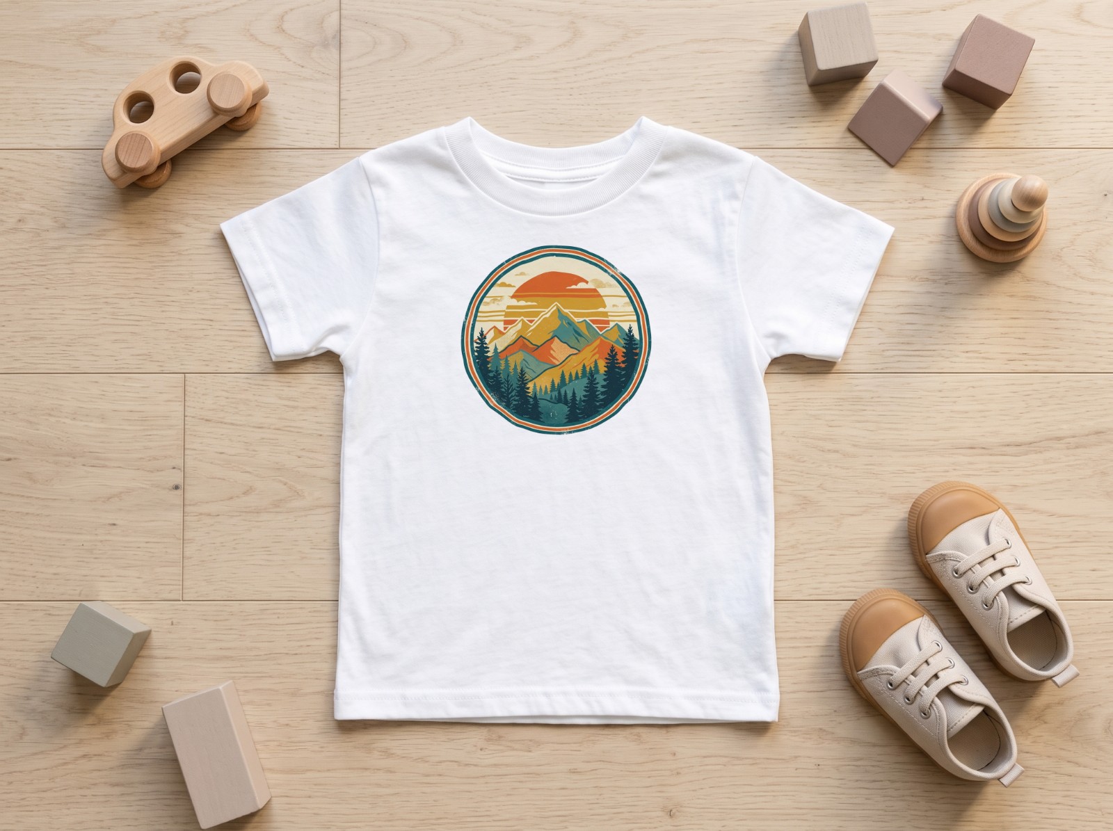White Toddler T-Shirt Flat Lay with Wooden Toys showing a retro mountain sunset badge