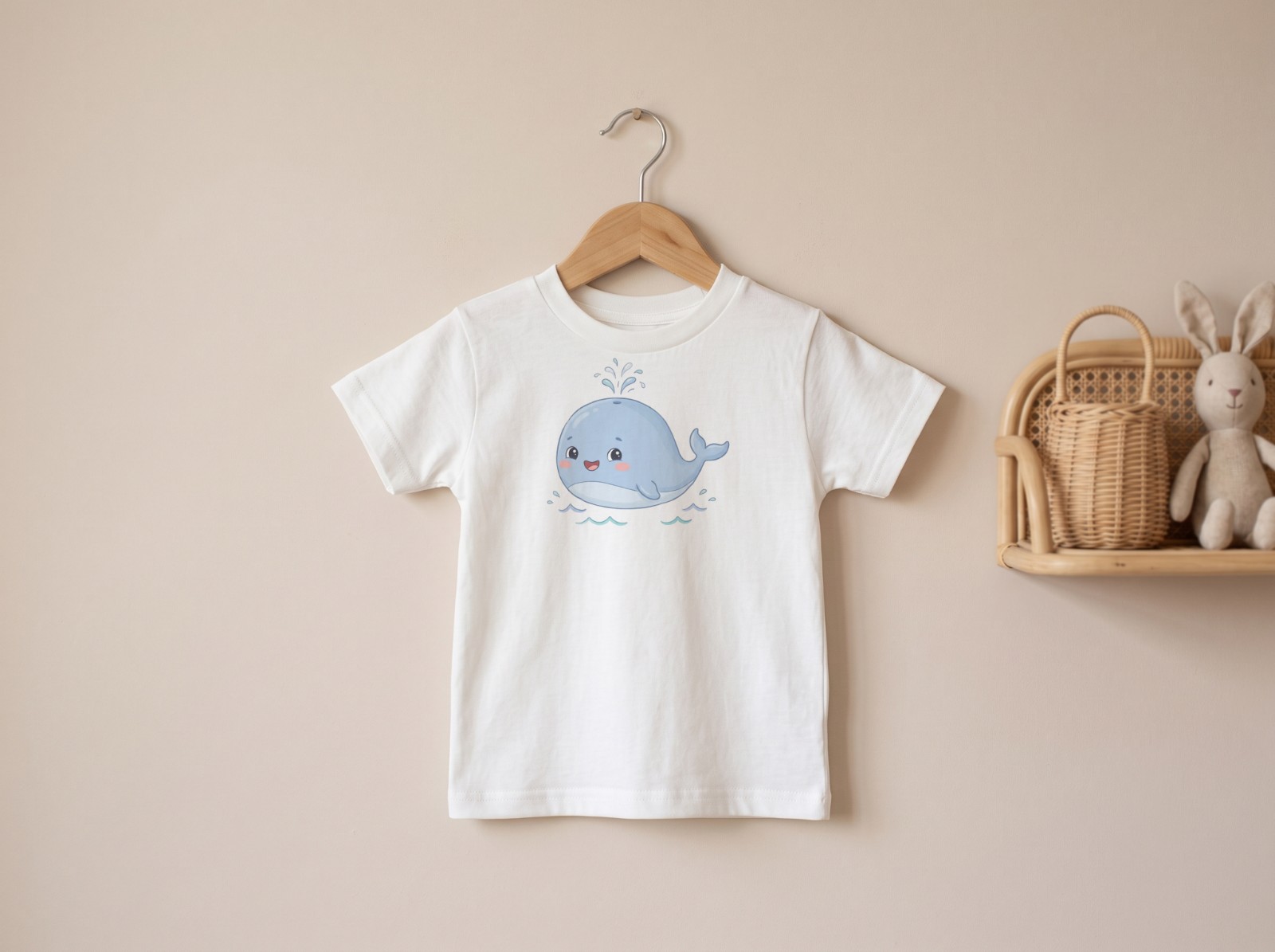 White Toddler T-Shirt Mockup on a Hanger by a Nursery Wall example