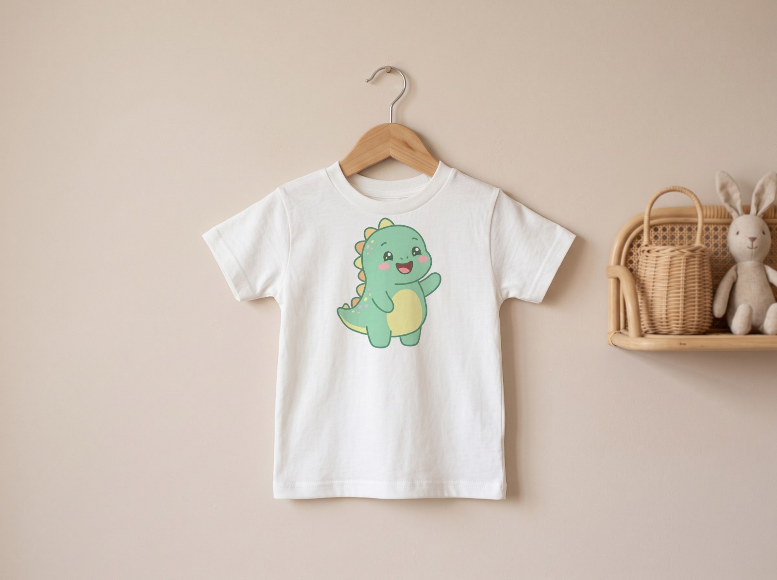 White Toddler T-Shirt on a Hanger by a Nursery Wall showing a cute baby dinosaur