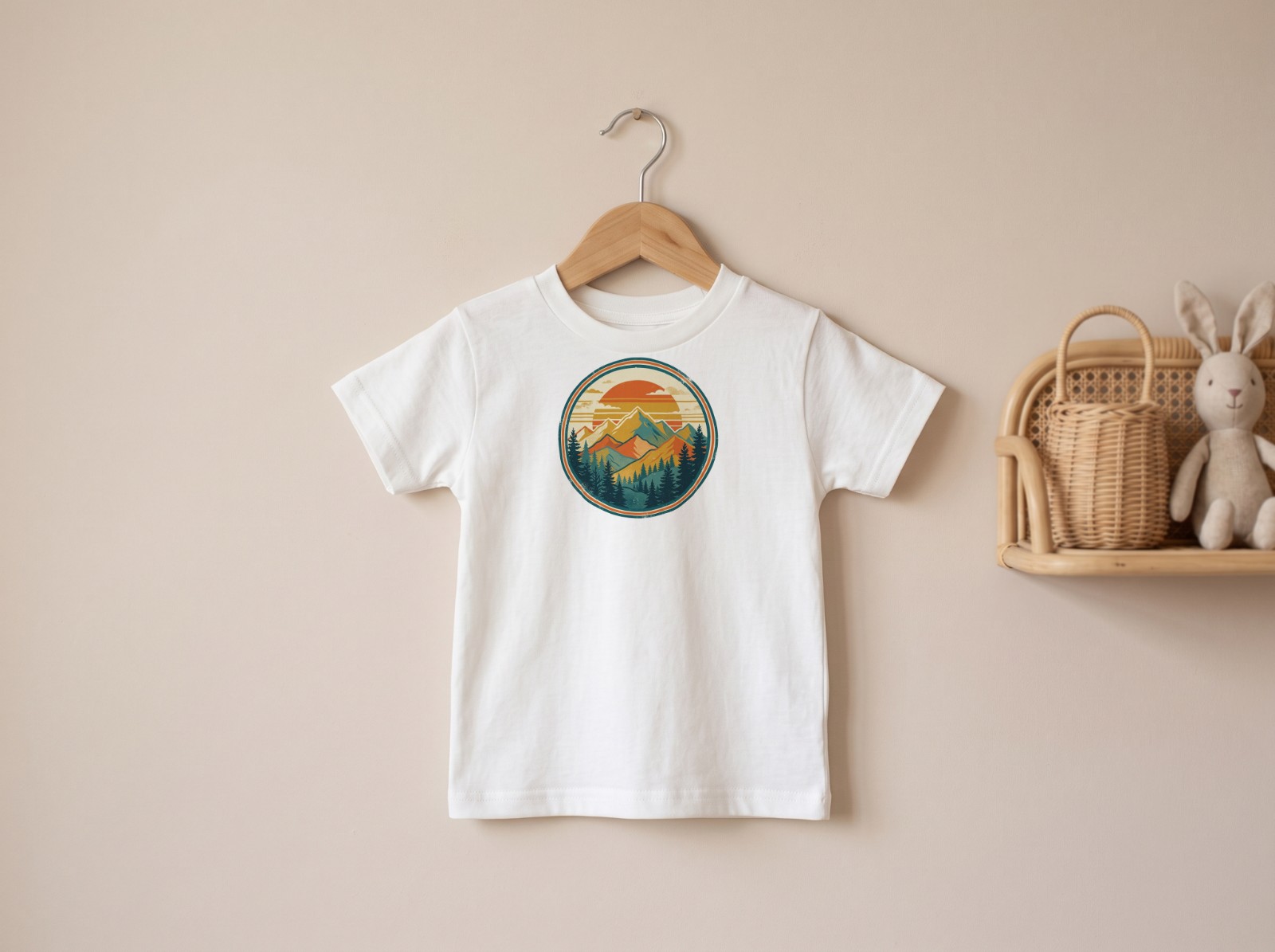 White Toddler T-Shirt on a Hanger by a Nursery Wall showing a retro mountain sunset badge