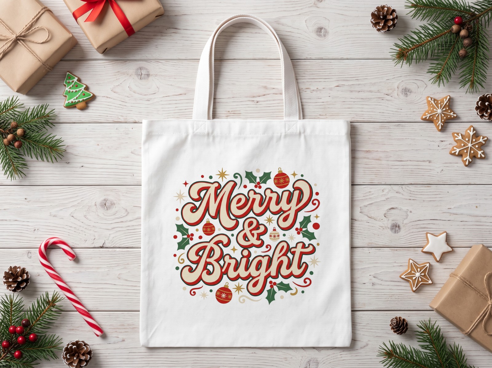 White Tote Bag Christmas Mockup Flat Lay with Gingerbread and Candy Canes example