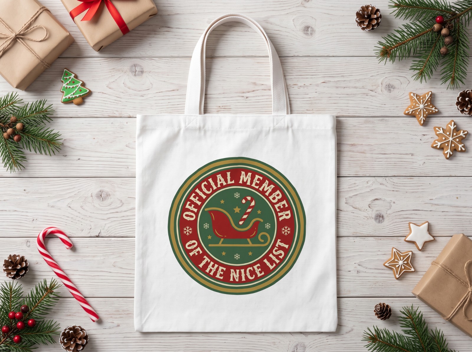 White Tote Bag Christmas Flat Lay with Gingerbread and Candy Canes showing a Nice List badge design