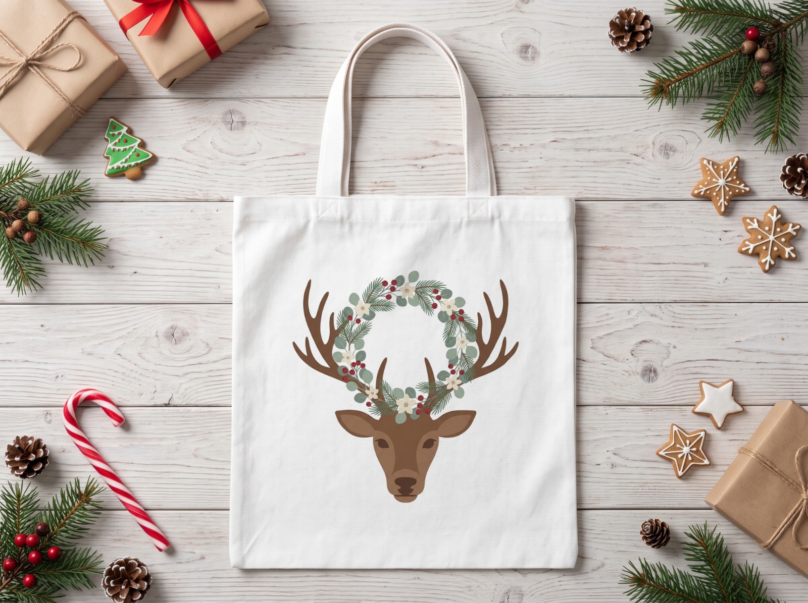 White Tote Bag Christmas Flat Lay with Gingerbread and Candy Canes showing a watercolour reindeer with a winter wreath