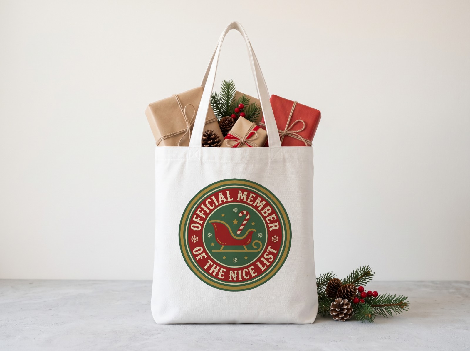 White Tote Bag Christmas Mockup Filled with Wrapped Gifts example
