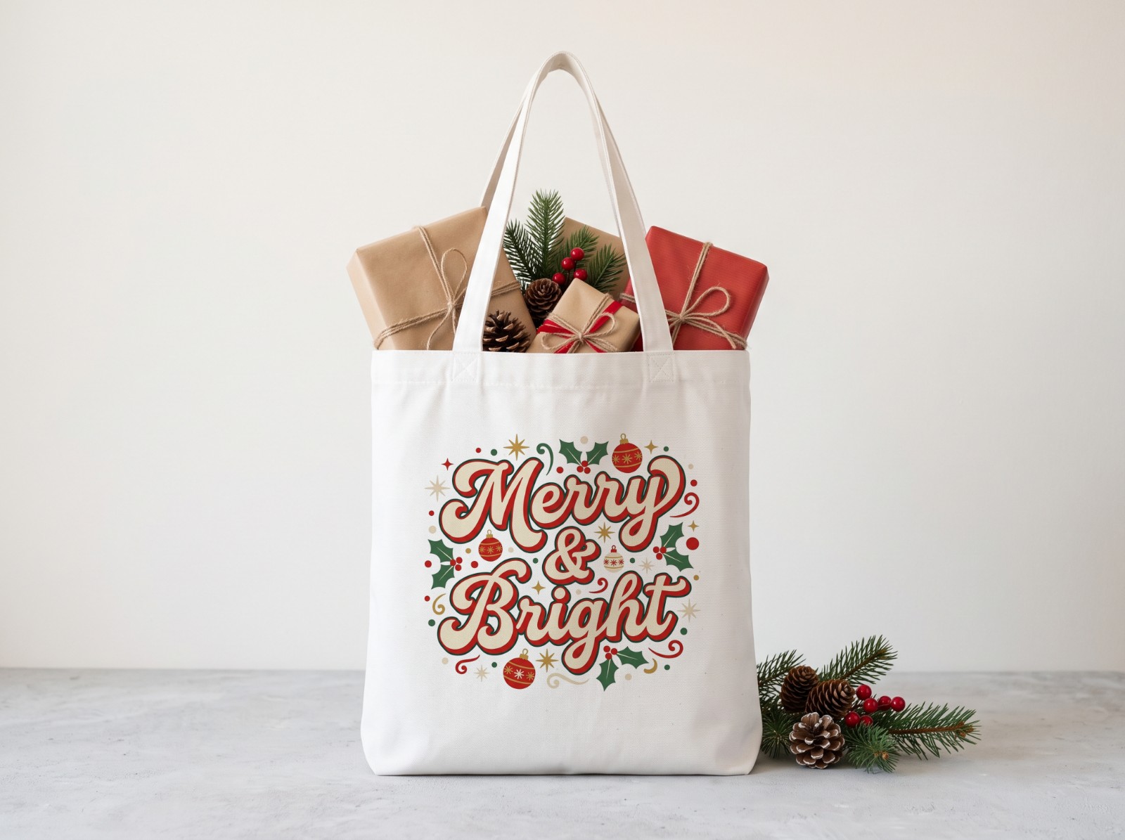 White Tote Bag Christmas Filled with Wrapped Gifts showing a retro Merry & Bright design