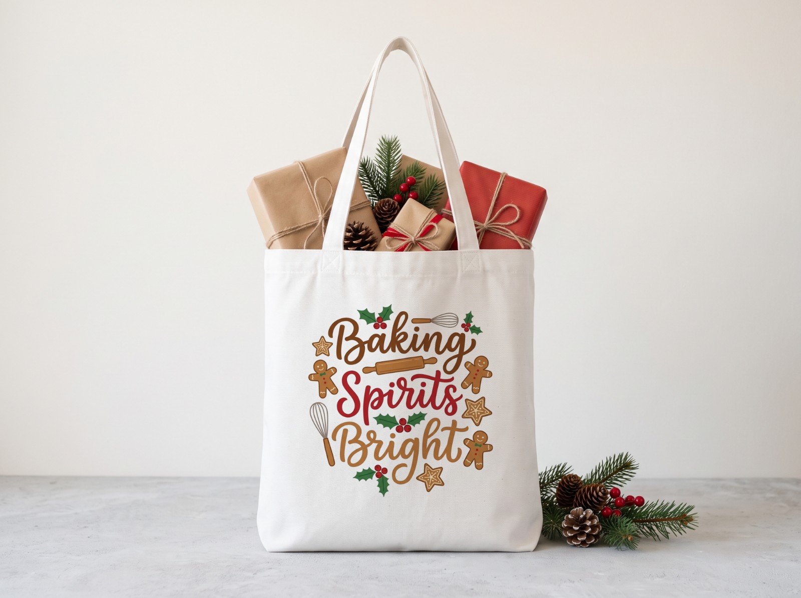 White Tote Bag Christmas Filled with Wrapped Gifts showing a Baking Spirits Bright design