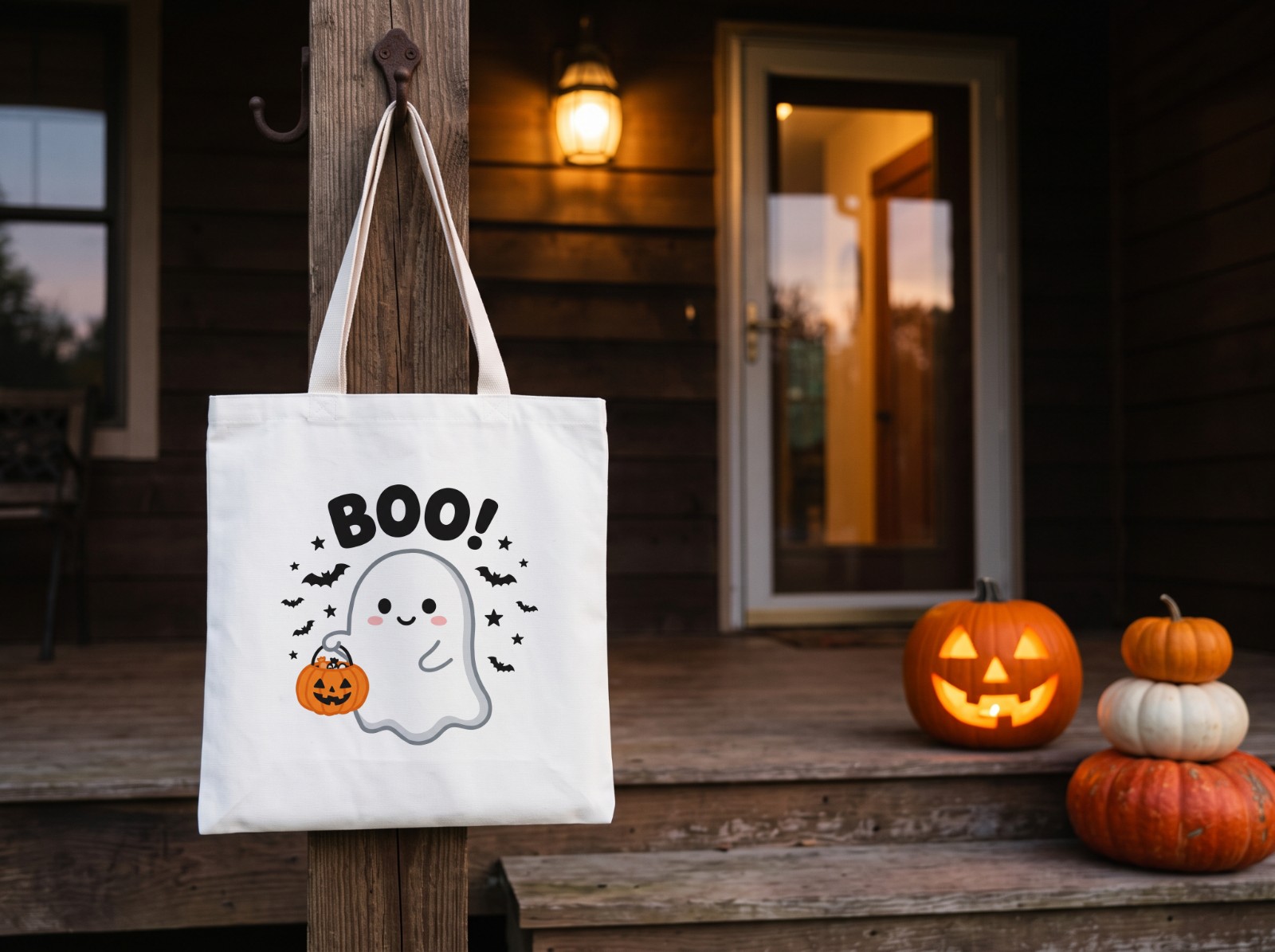 White Tote Bag Halloween Mockup on a Porch with a Jack-o'-Lantern example