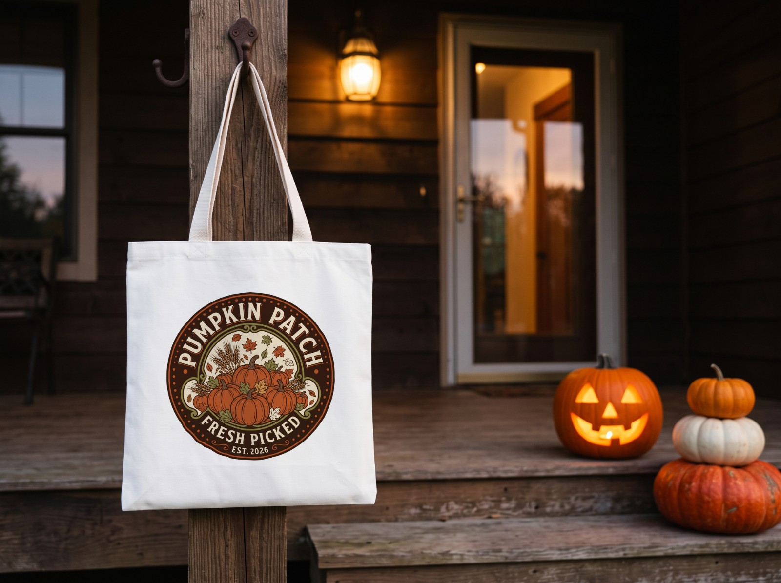 White Tote Bag Halloween on a Porch with a Jack-o'-Lantern showing a vintage Pumpkin Patch badge