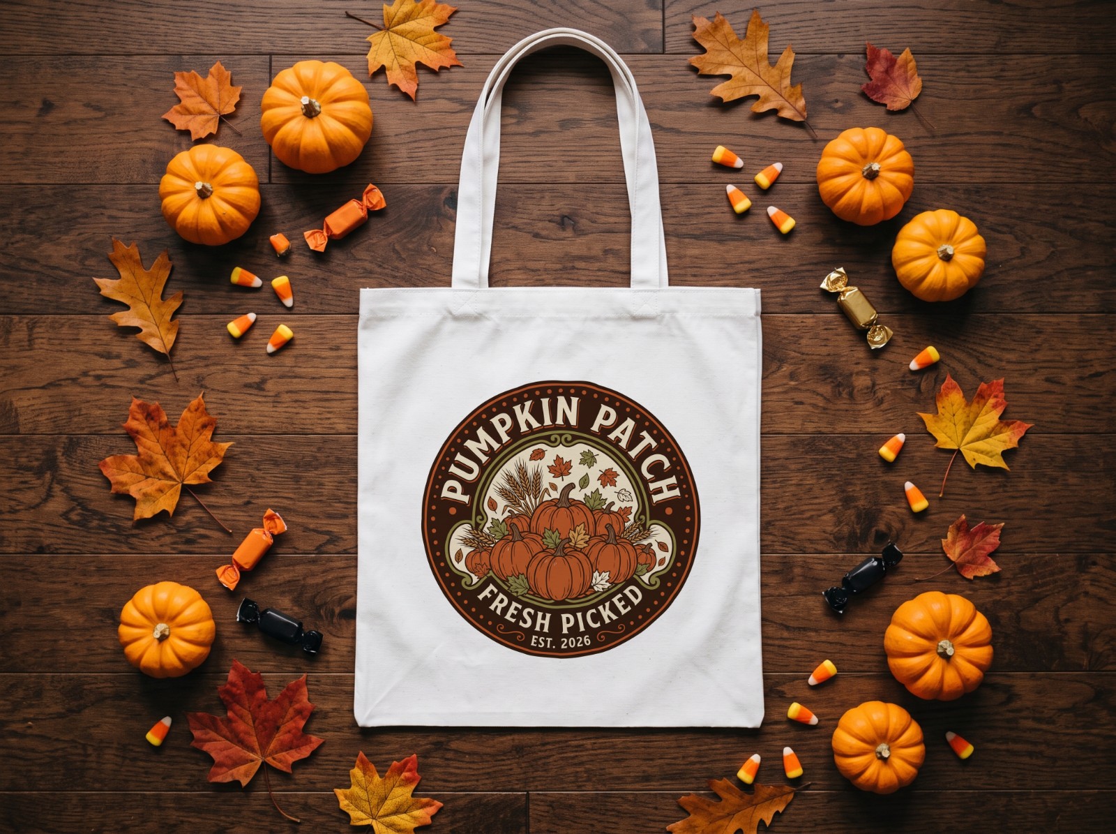 White Trick-or-Treat Tote Bag Halloween Mockup with Candy and Pumpkins example
