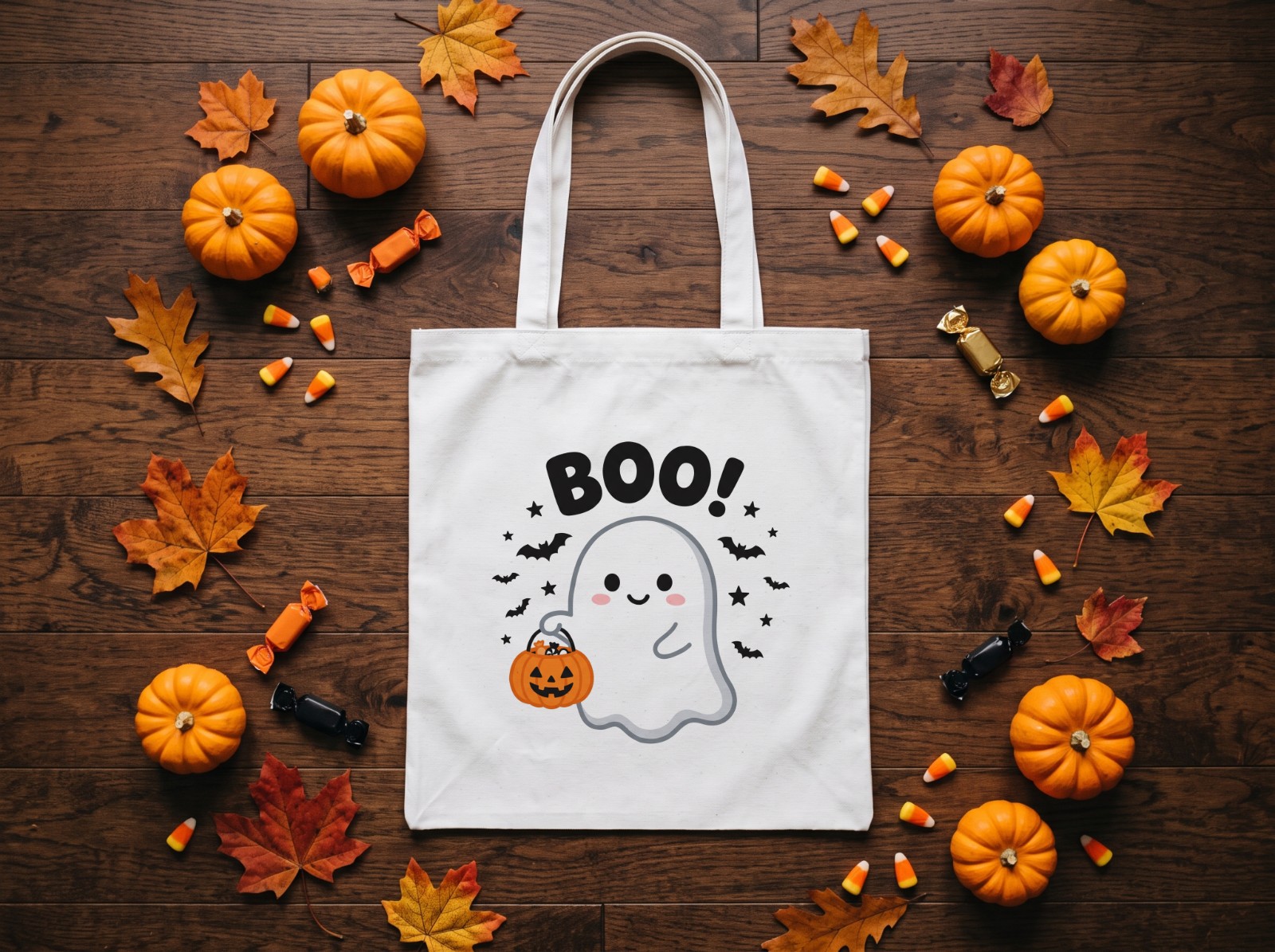 White Trick-or-Treat Tote Bag Halloween with Candy and Pumpkins showing a cute Boo ghost design