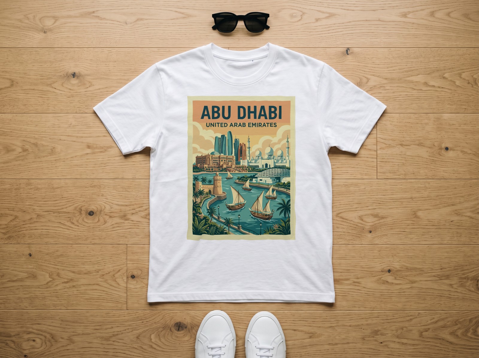 White T-Shirt Flat Lay Mockup on an Oak Floor example