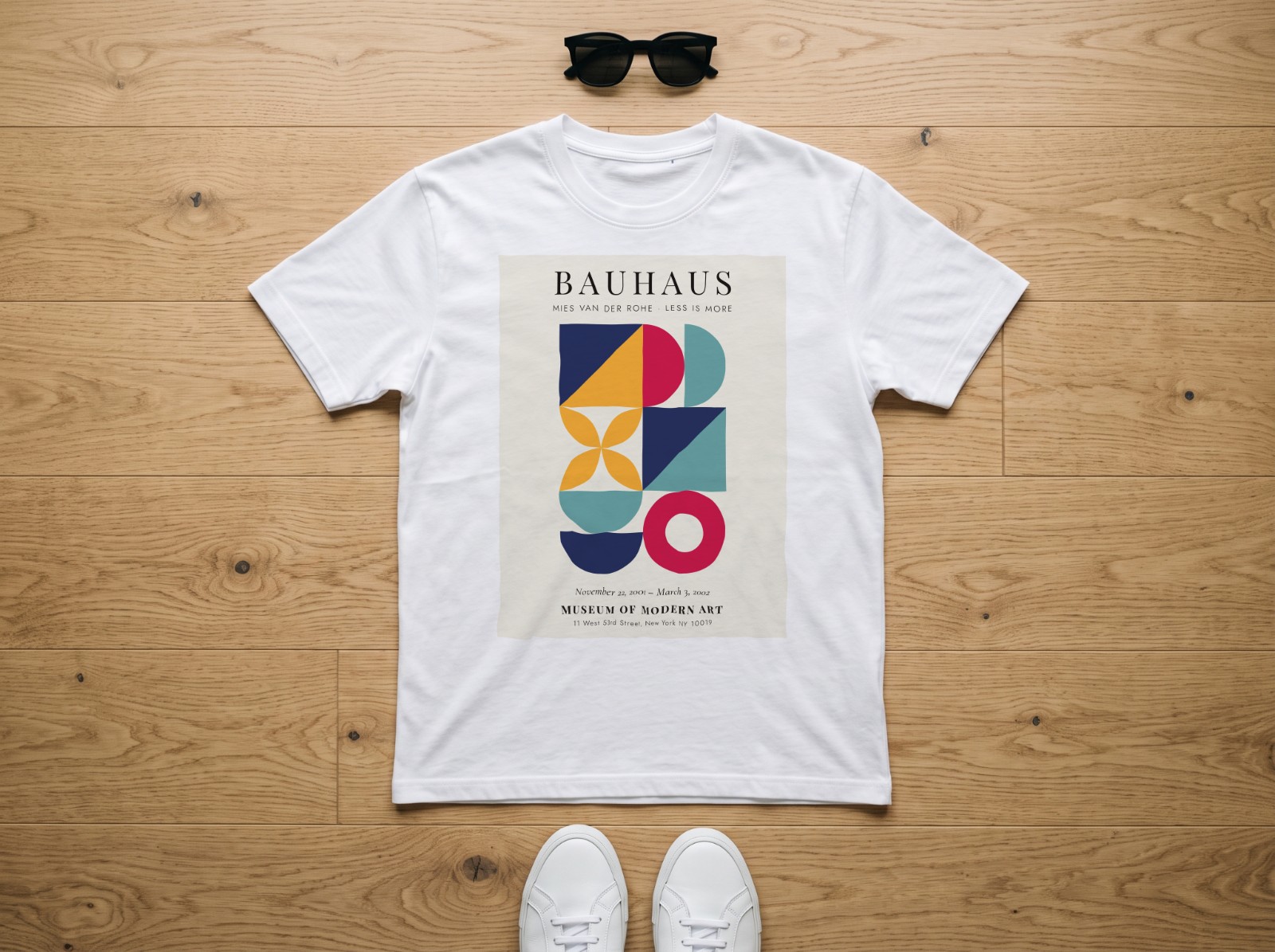White T-Shirt Flat Lay on an Oak Floor showing a Bauhaus Less is More print