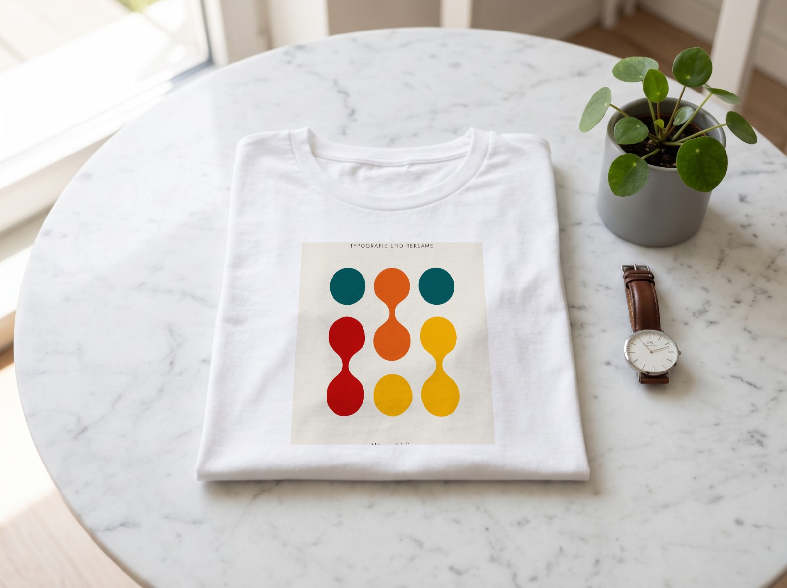 Folded White T-Shirt on a Marble Table showing a Bauhaus Typografie print