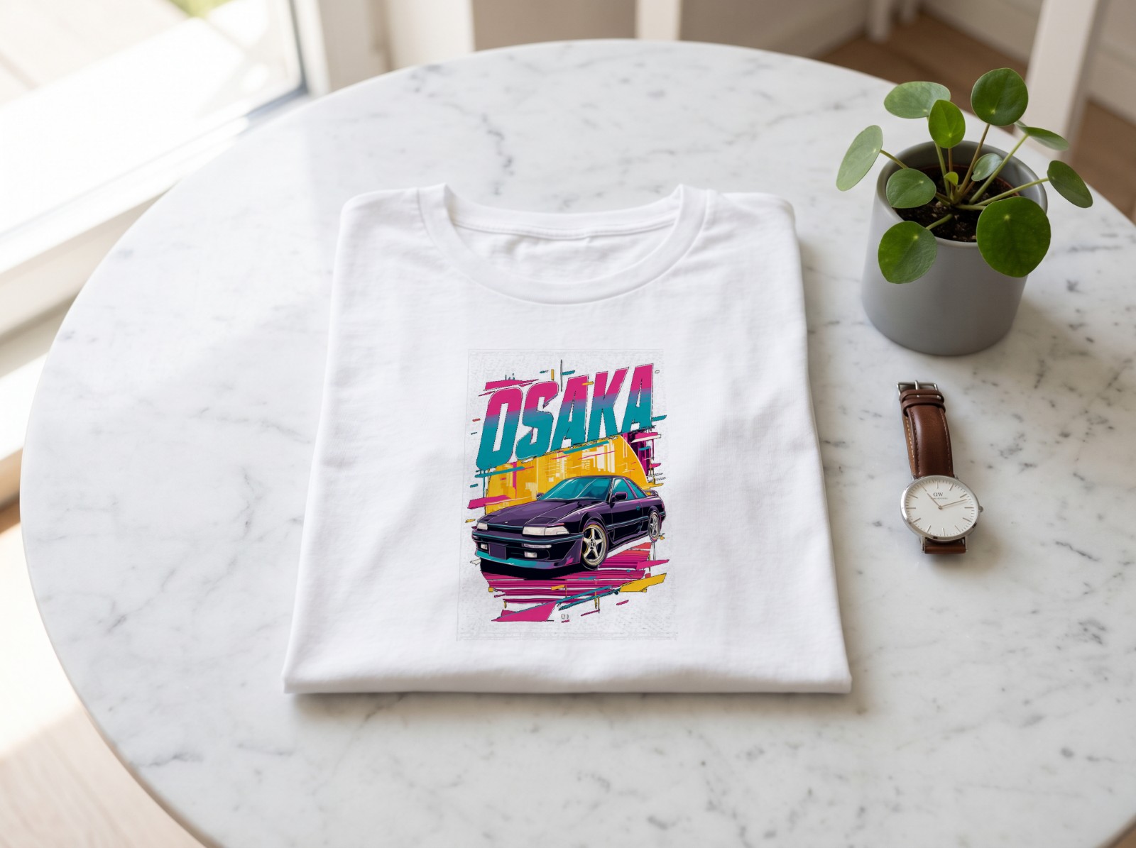 Folded White T-Shirt Mockup on a Marble Table example