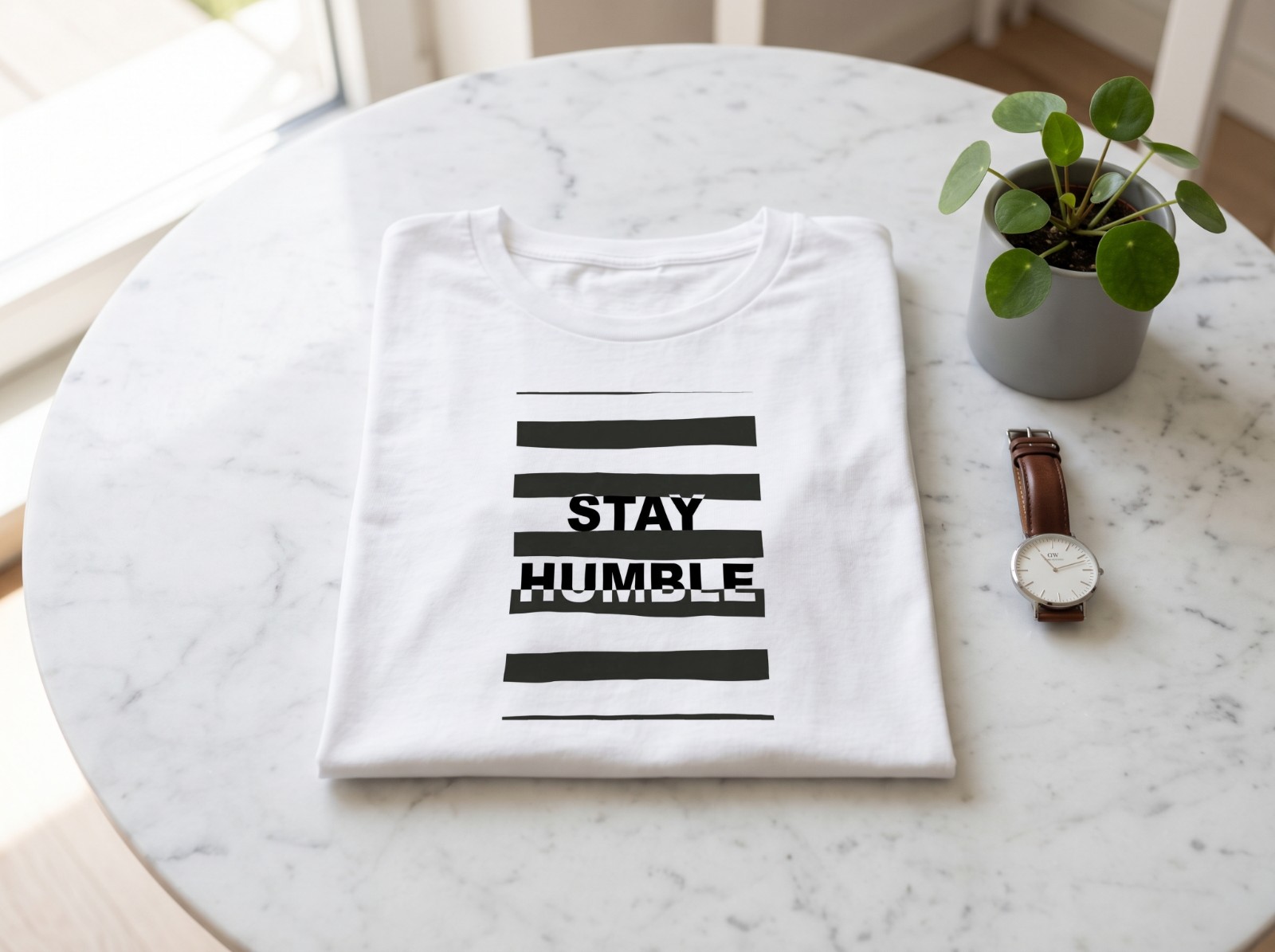 Folded White T-Shirt on a Marble Table showing a Stay Humble typography print