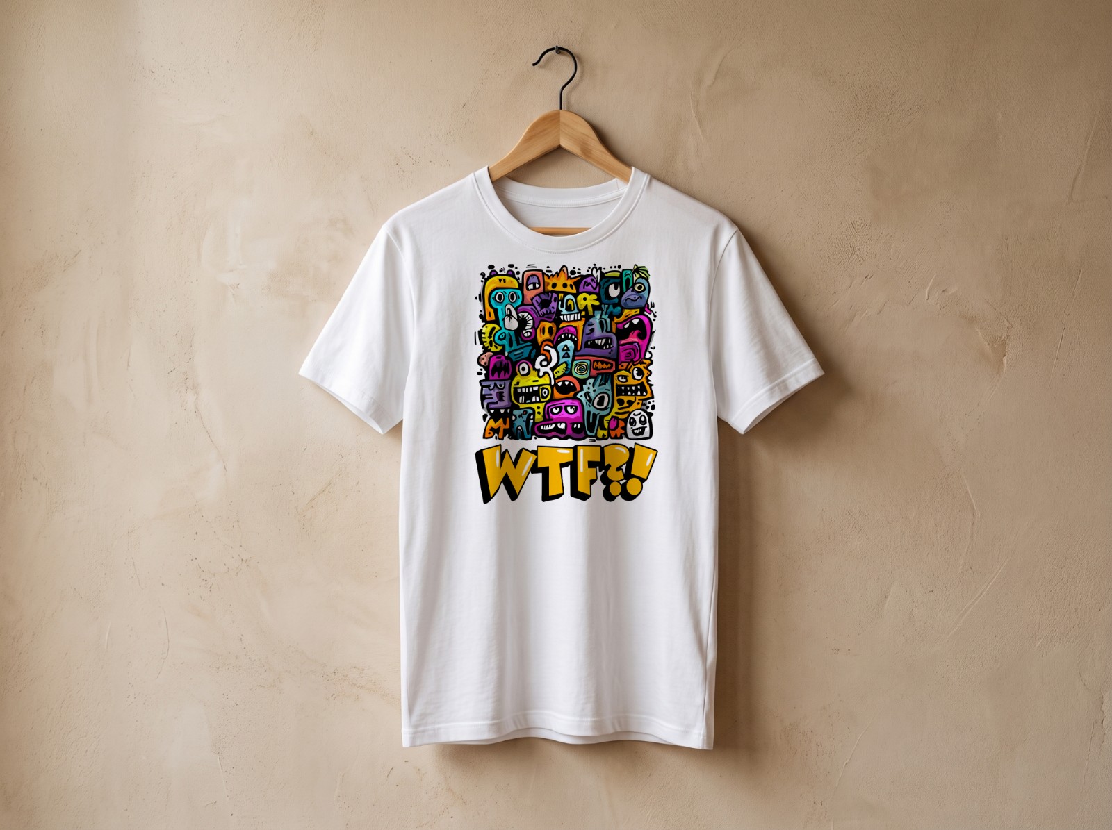 White T-Shirt on a Wooden Hanger Mockup example