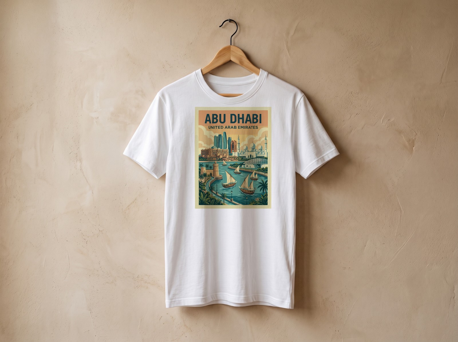 White T-Shirt on a Wooden Hanger showing an Abu Dhabi travel print