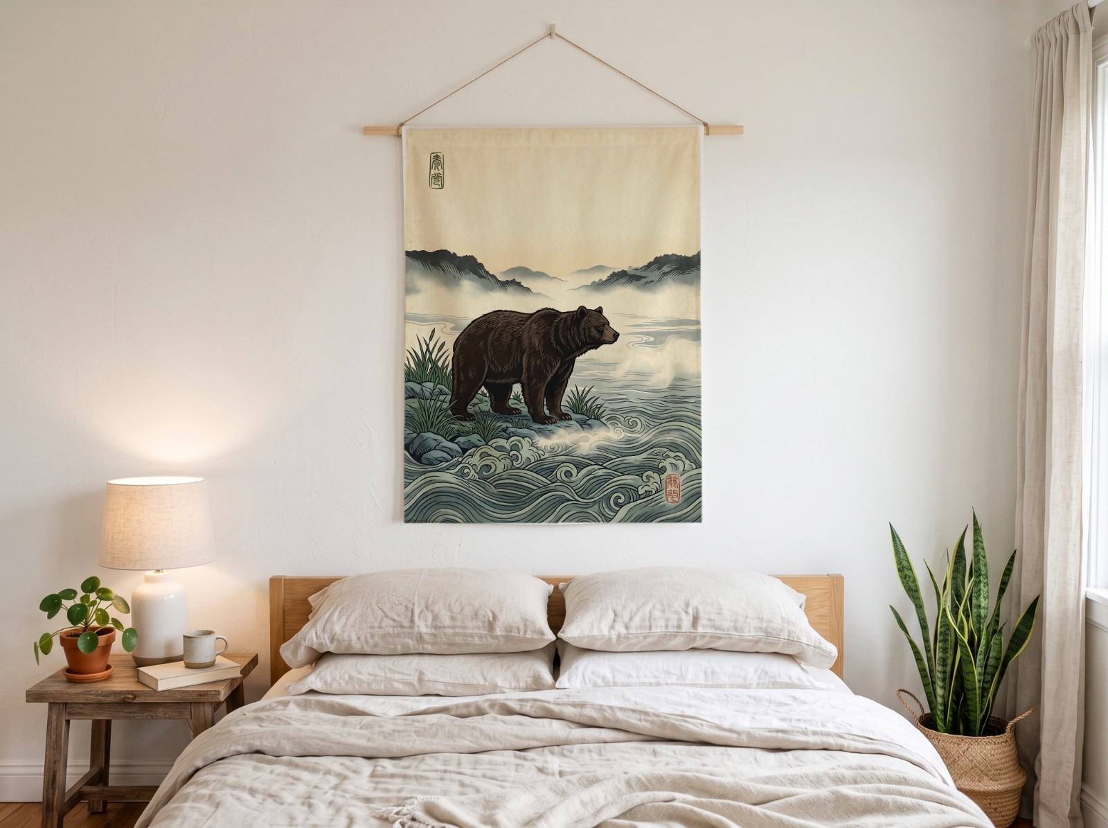 White Wall Tapestry Mockup on a Wooden Dowel Above a Bed example