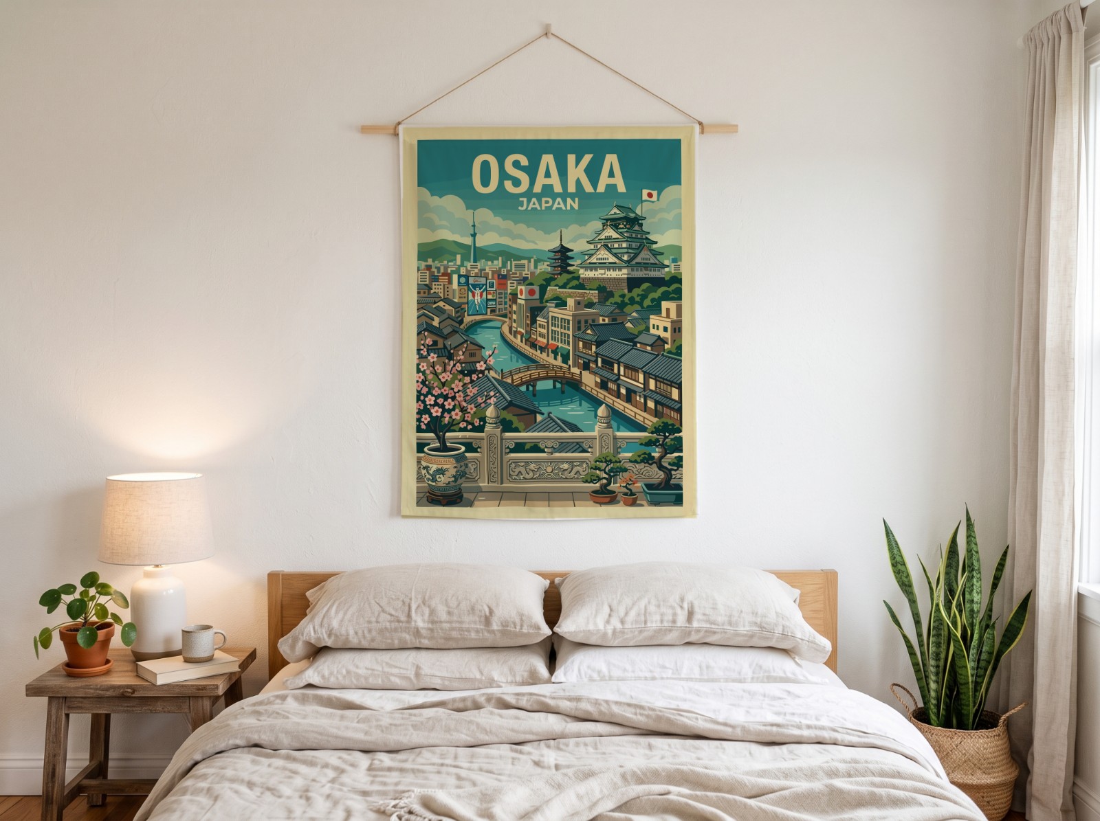 White Wall Tapestry on a Wooden Dowel Above a Bed showing the Osaka Japan travel print